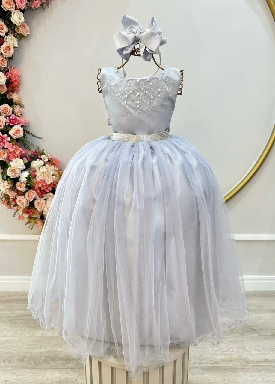 Vestido Infantil Damas de Honra Longo Prata Pérolas