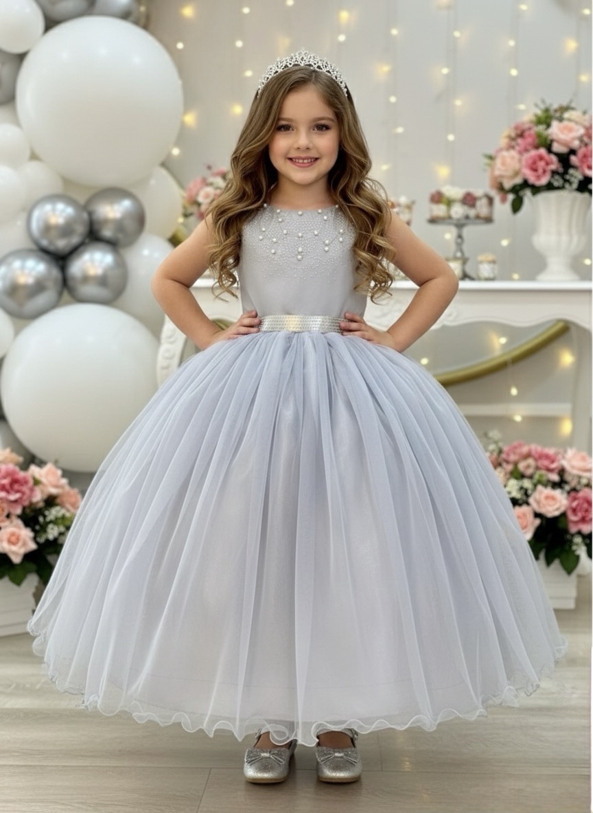 Vestido Infantil Damas de Honra Longo Prata Pérolas