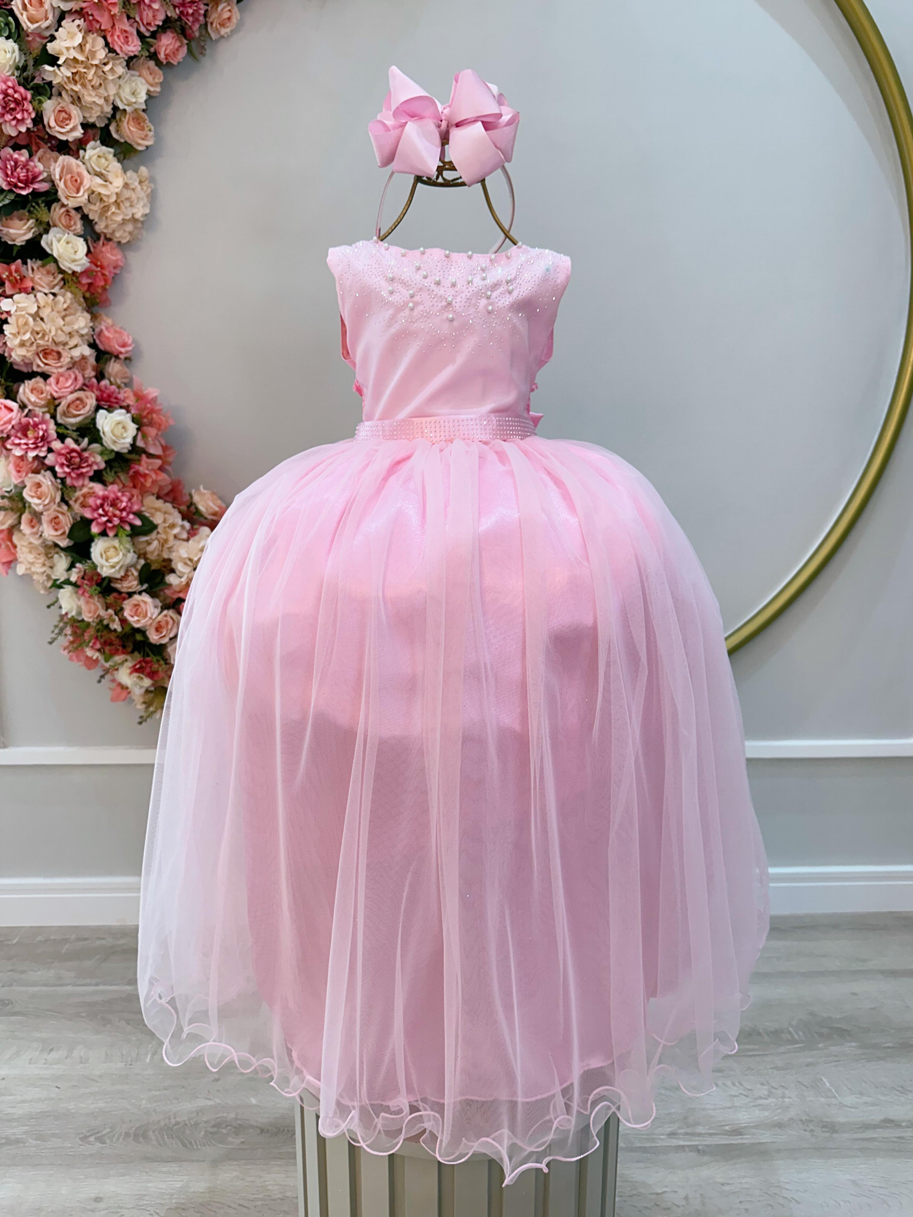Vestido Infantil Damas de Honra Longo Rosa Strass e Pérolas