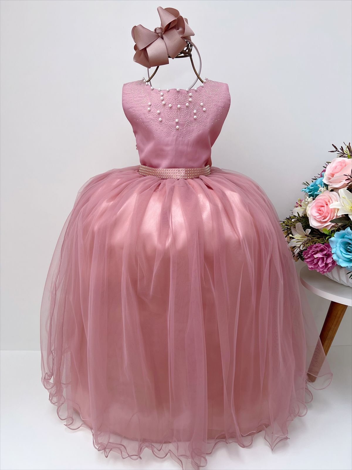 Vestido Infantil Damas de Honra Longo Rosé Claro Pérolas