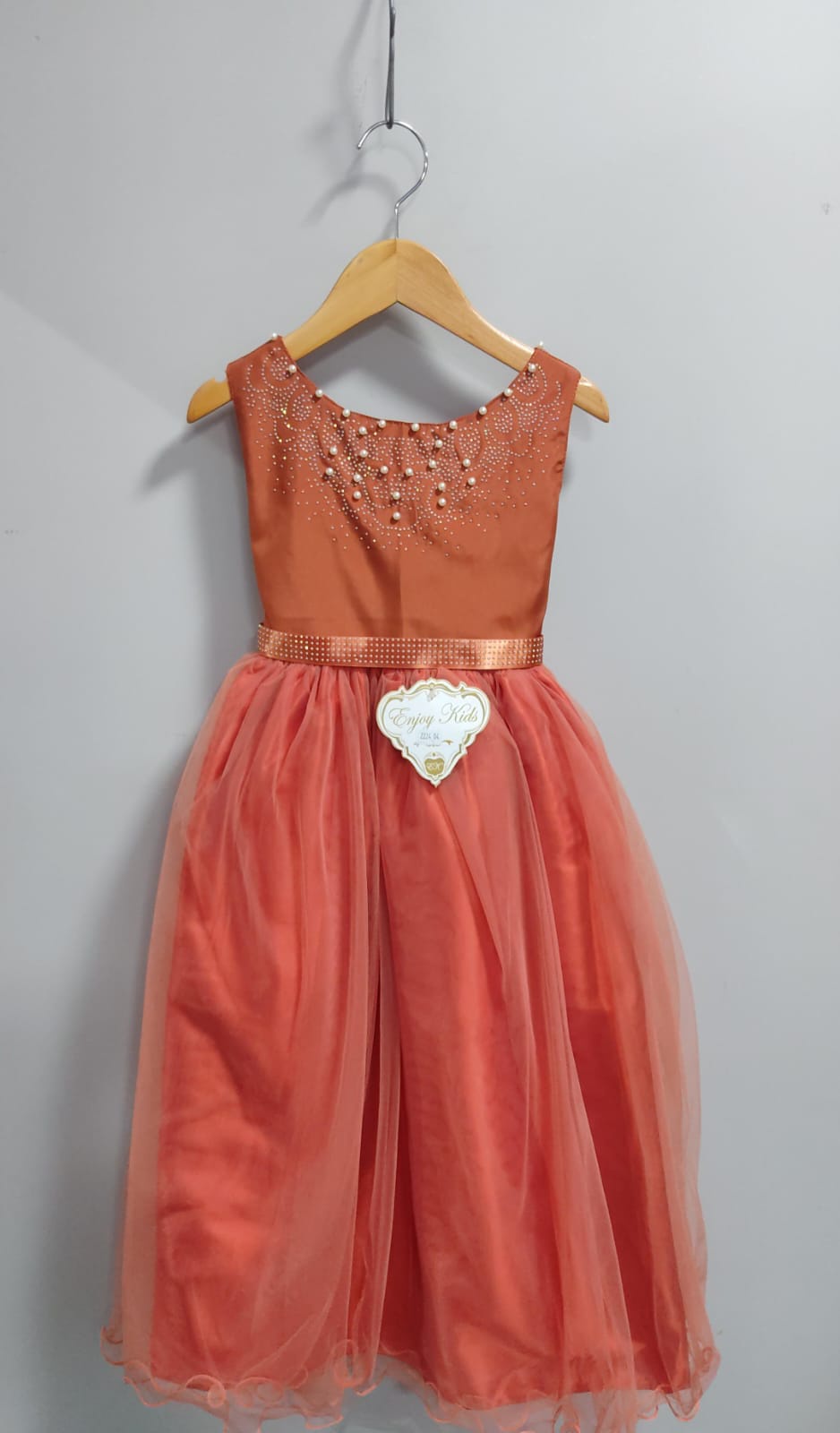 Vestido Infantil Damas de Honra Longo Terracota Strass Pérolas
