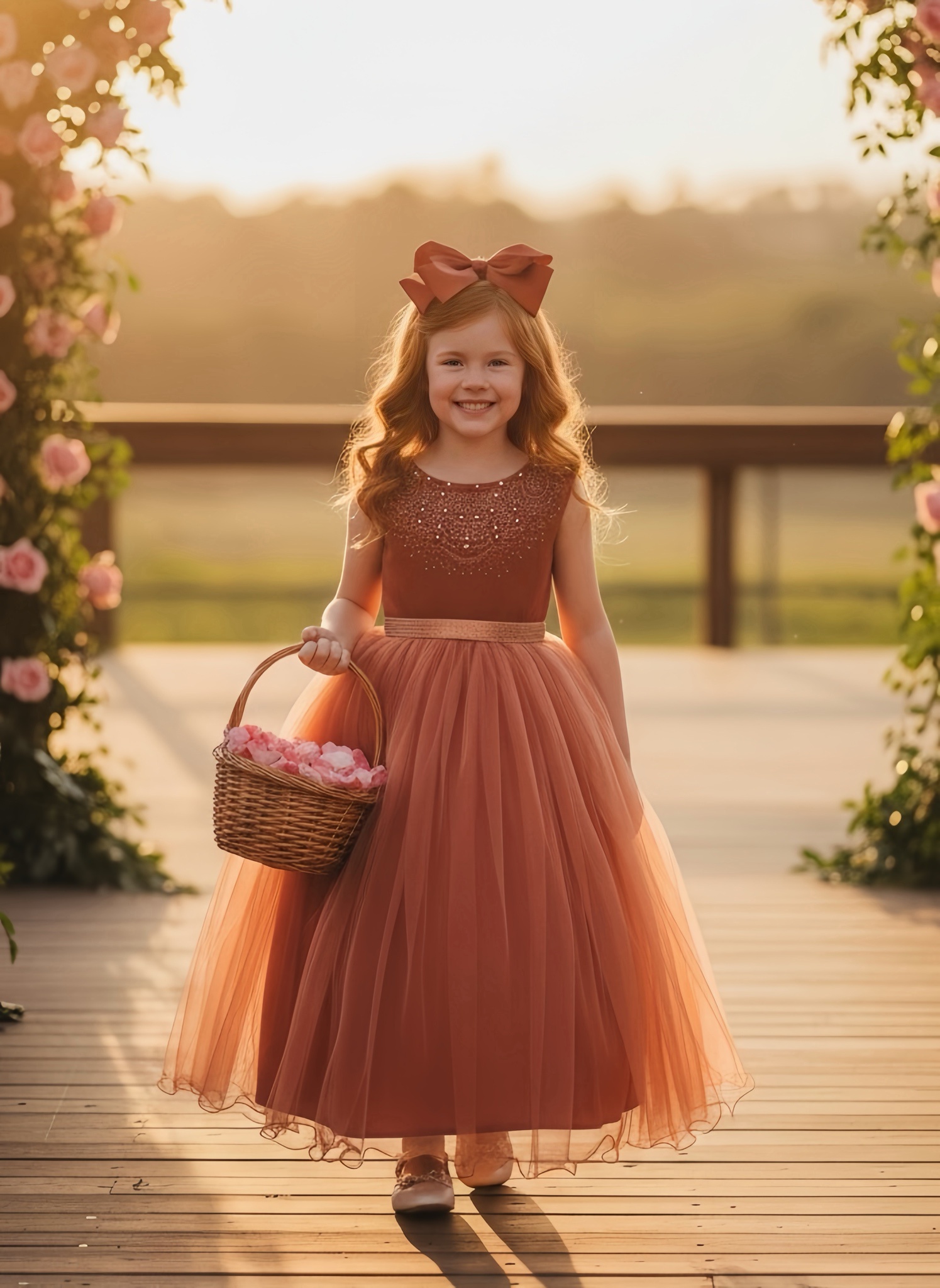 Vestido Infantil Damas de Honra Longo Terracota Strass Pérolas