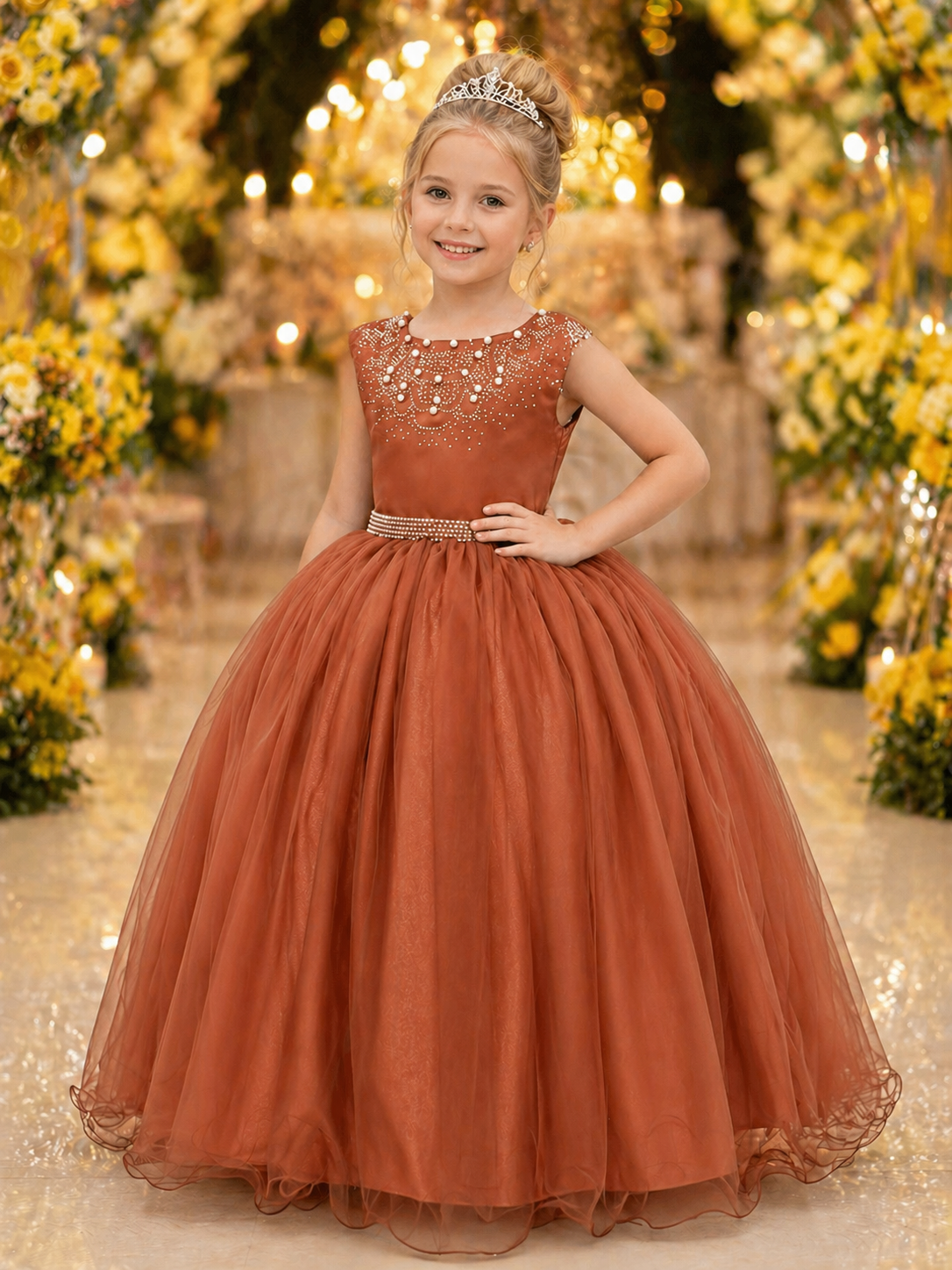 Vestido Infantil Damas de Honra Longo Terracota Strass Pérolas