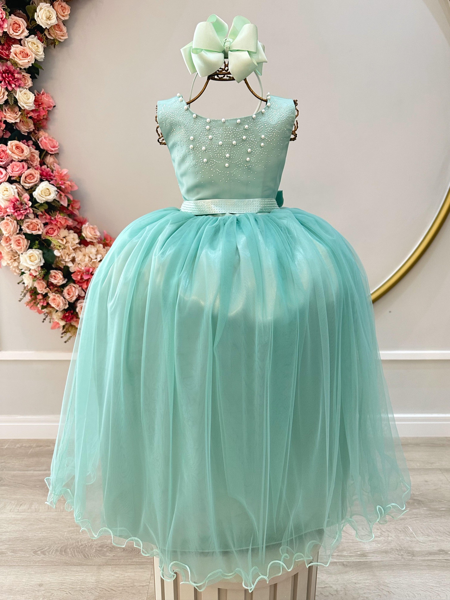 Vestido Infantil Damas de Honra Longo Verde Menta Strass