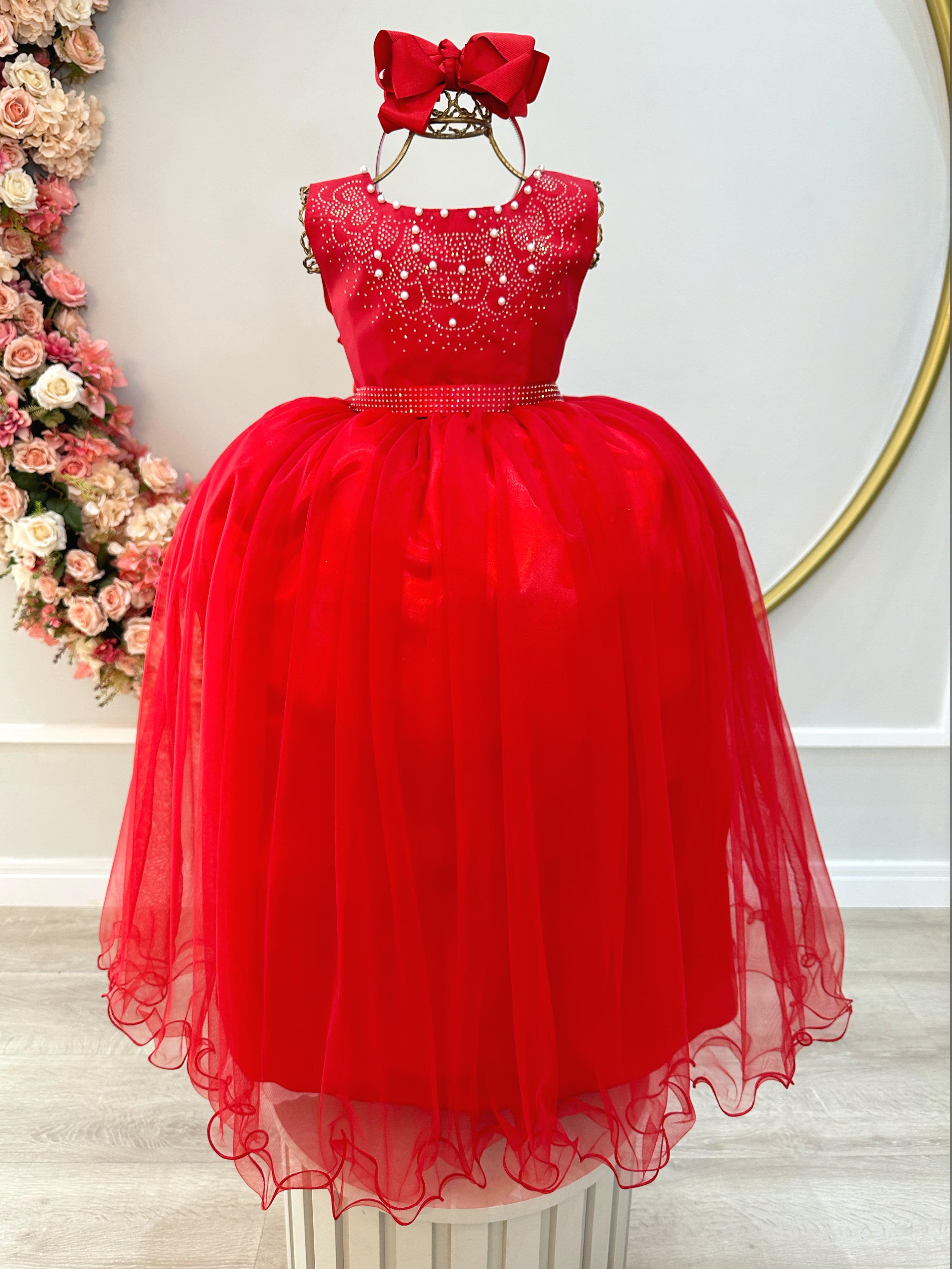 Vestido Infantil Damas de Honra Longo Vermelho C/ Pérolas