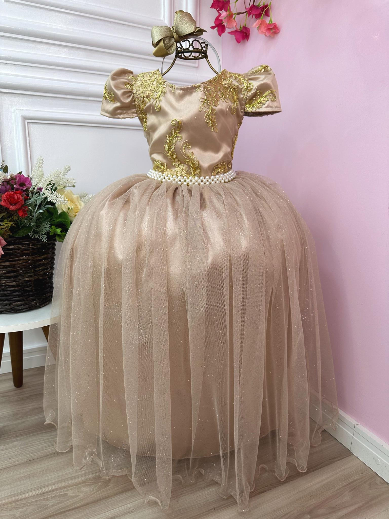 Vestido Infantil Dourado Longo Damas C/ Renda Realeza Metalizada