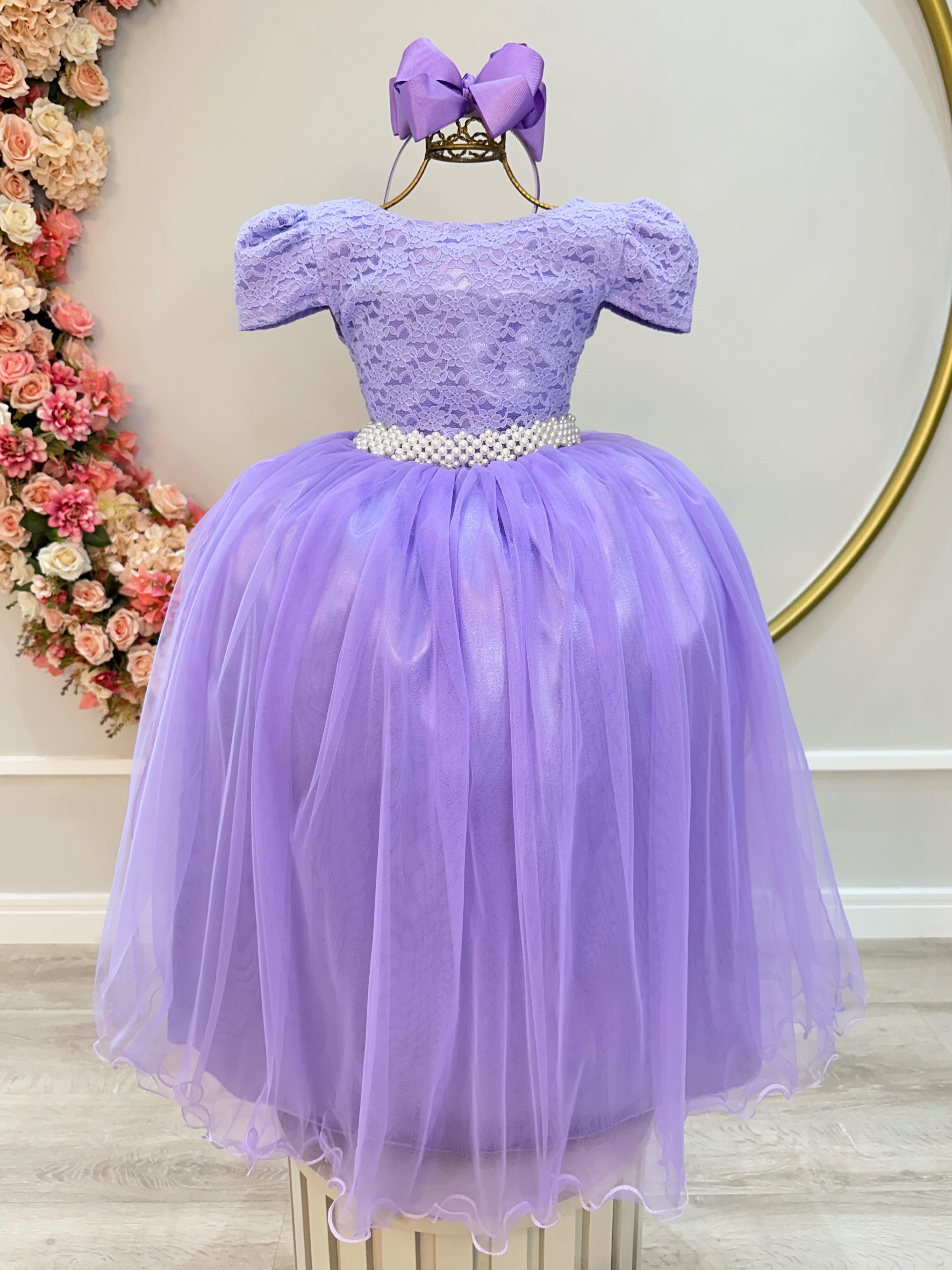 Vestido Infantil Lilás C/ Renda Realeza e Pérolas Damas