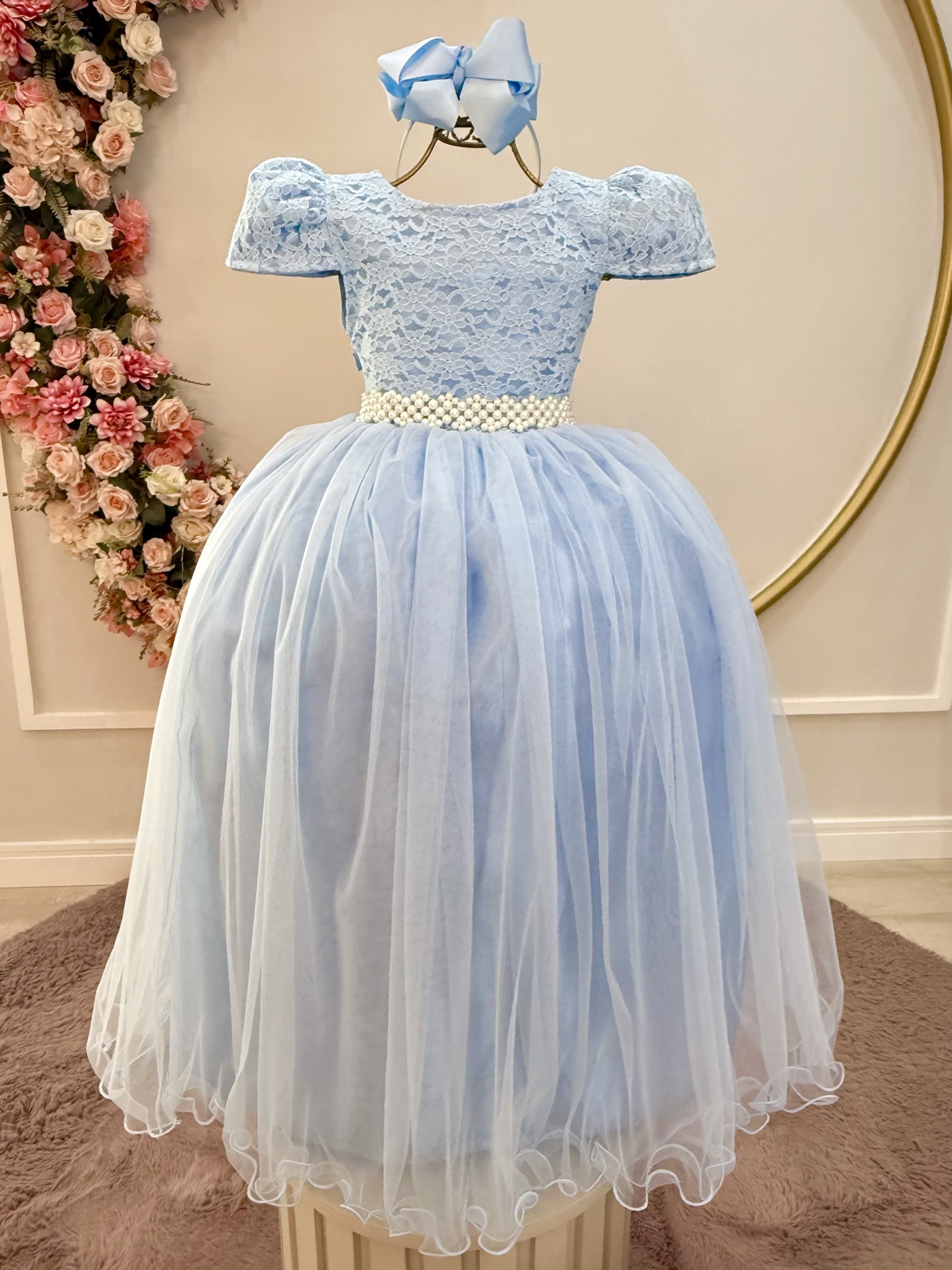 Vestido Infantil Longo Azul C/ Renda Daminhas Festa Luxo