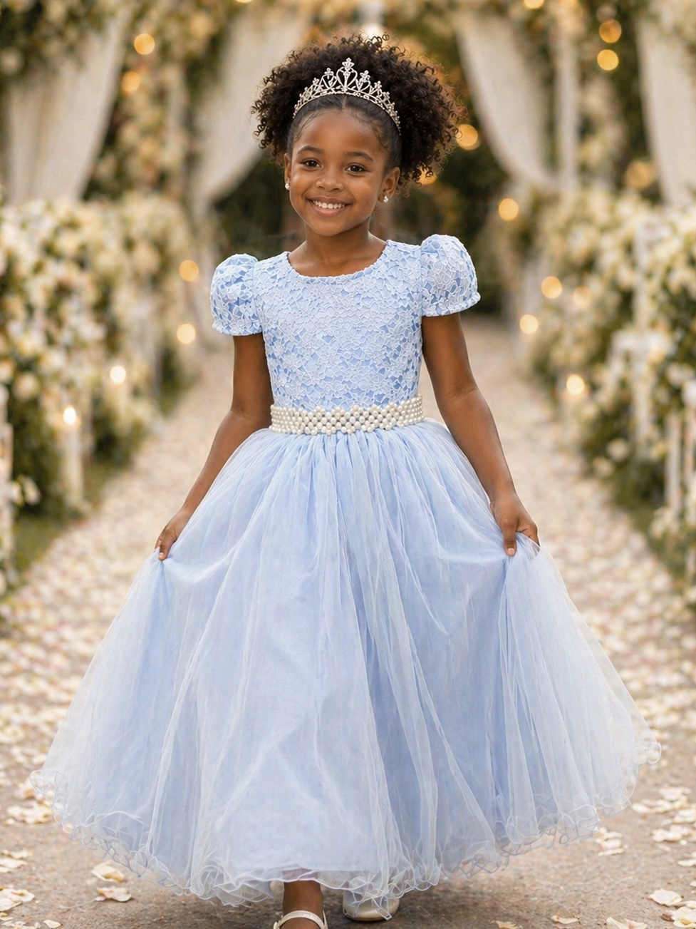 Vestido Infantil Longo Azul C/ Renda Daminhas Festa Luxo