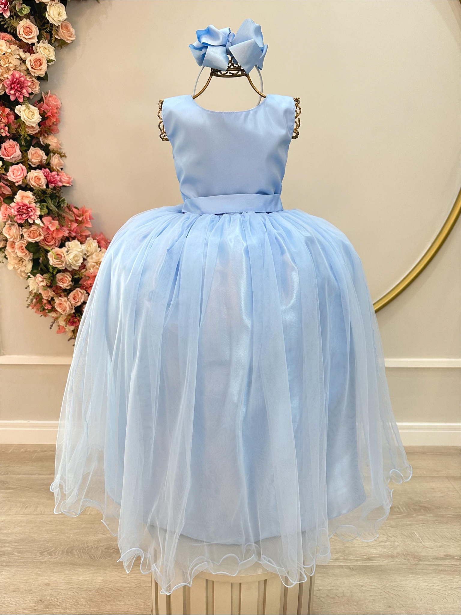 Vestido Infantil Longo Azul Bebê Claro Daminhas Festas Luxo