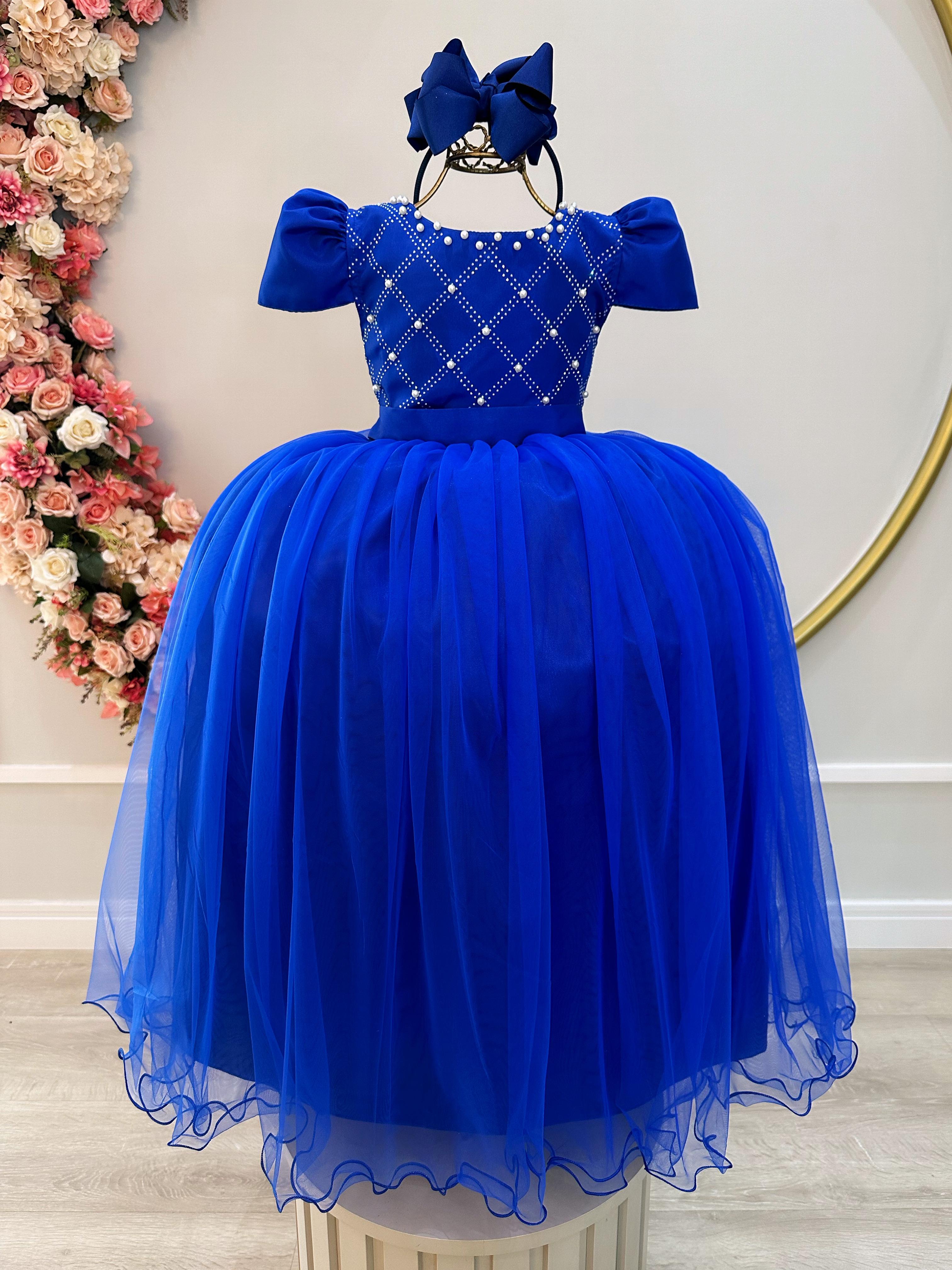 Vestido Infantil Longo Azul Royal C/ Strass e Pérolas Damas