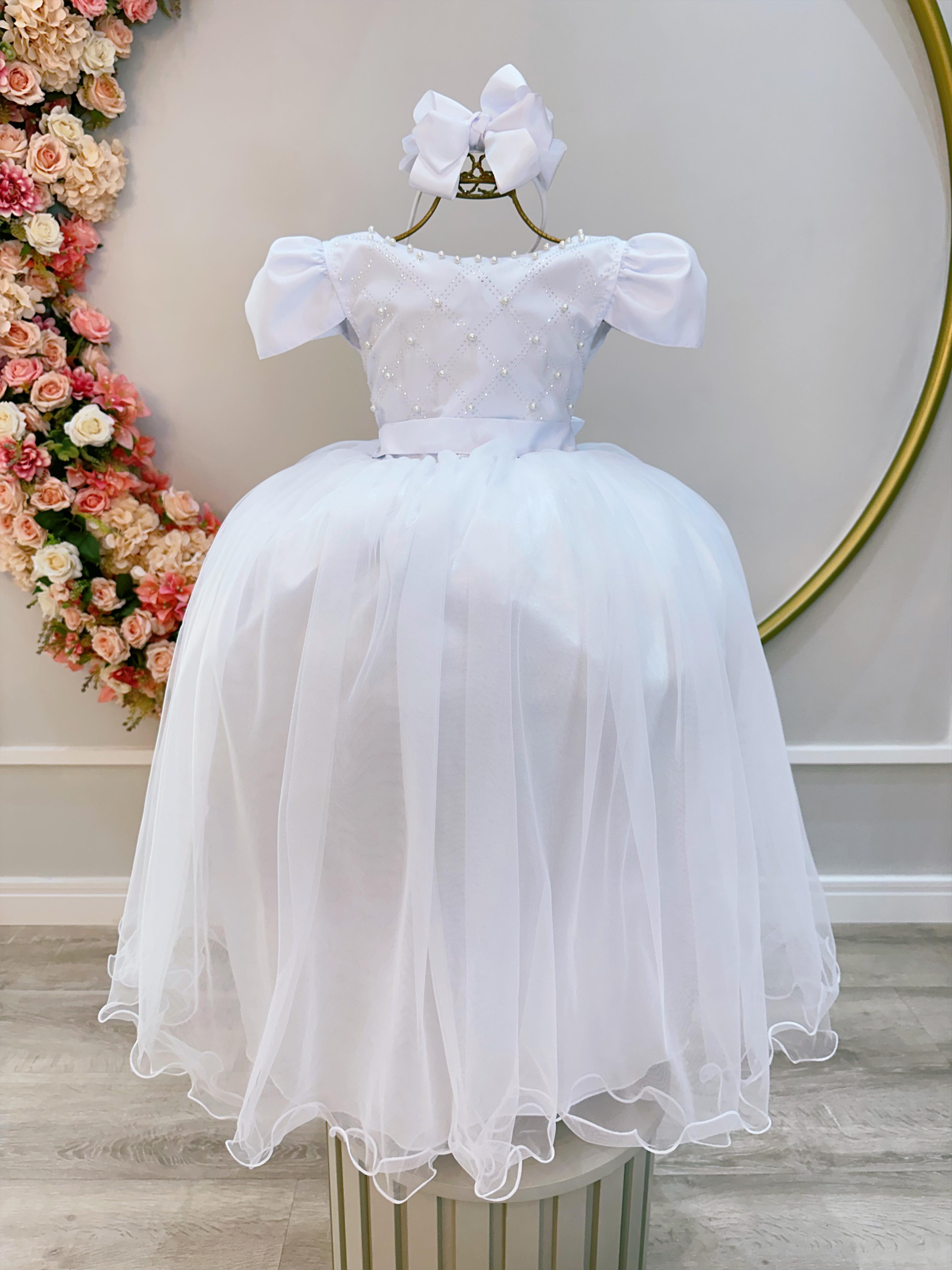 Vestido Infantil Longo Branco C/ Strass e Pérolas Daminhas