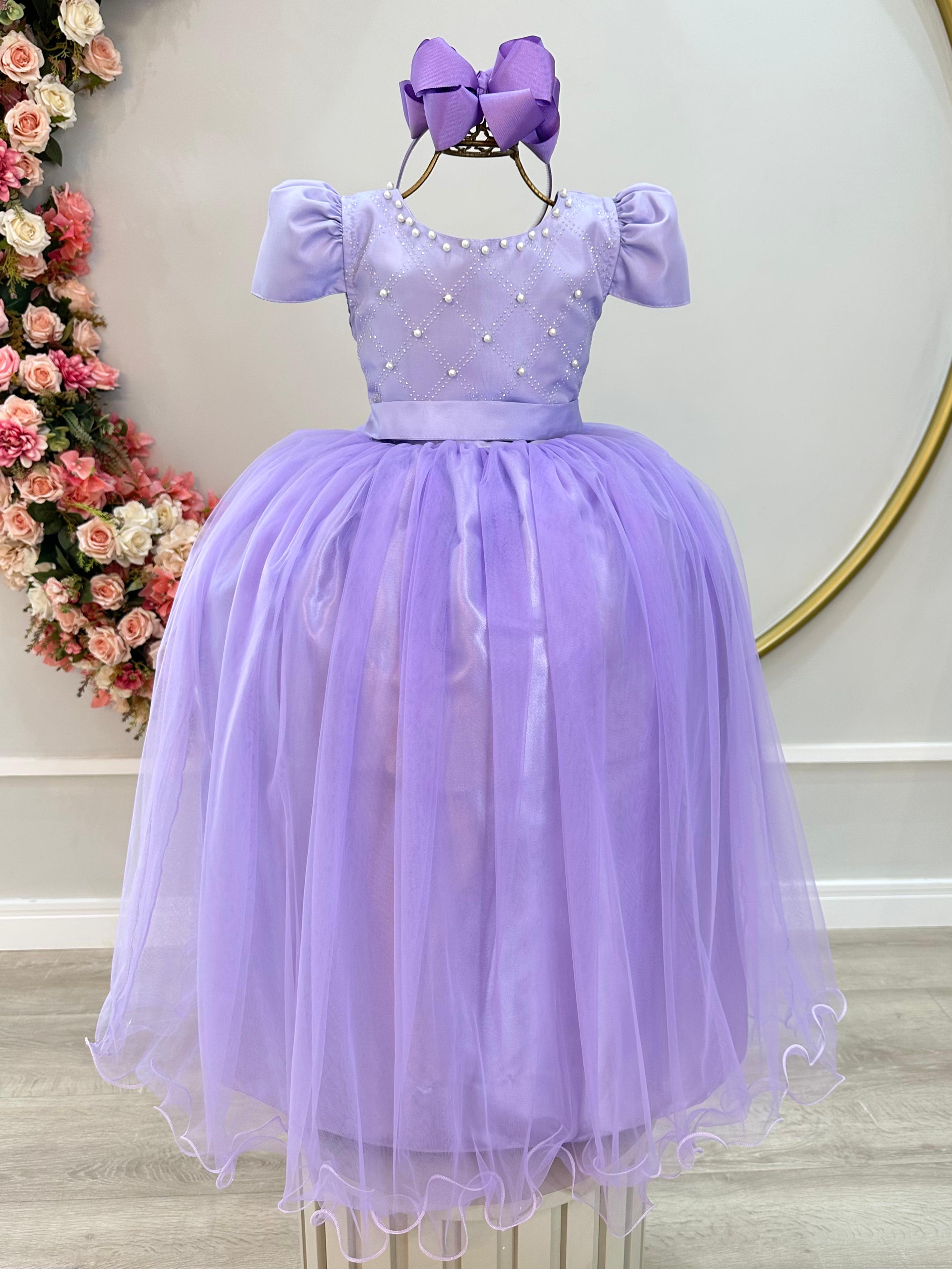 Vestido Infantil Longo Lilás C/ Strass e Pérolas Damas