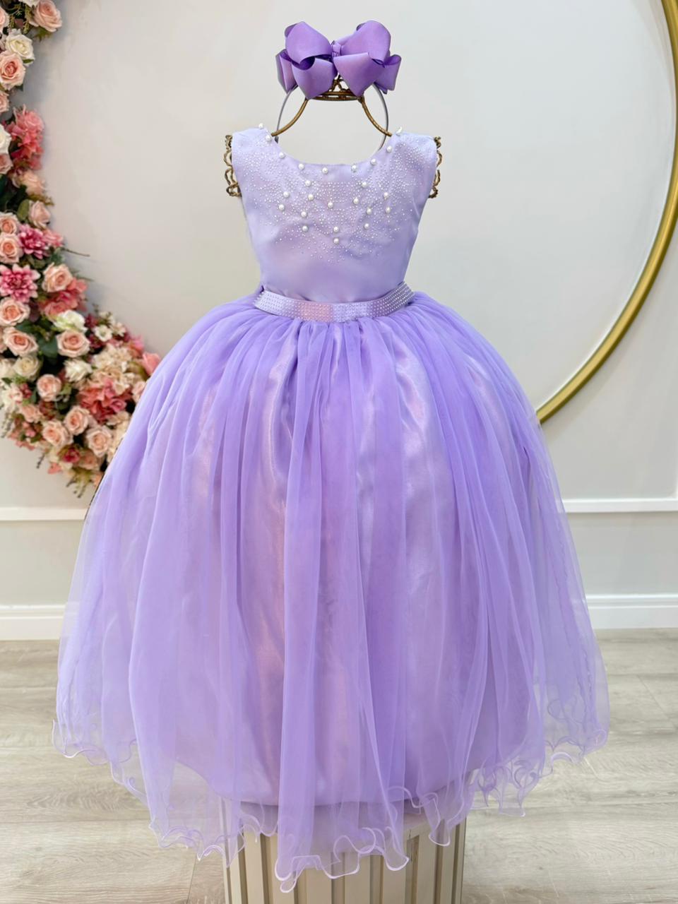Vestido Infantil Longo Lilás Pérolas e Strass Damas Luxo