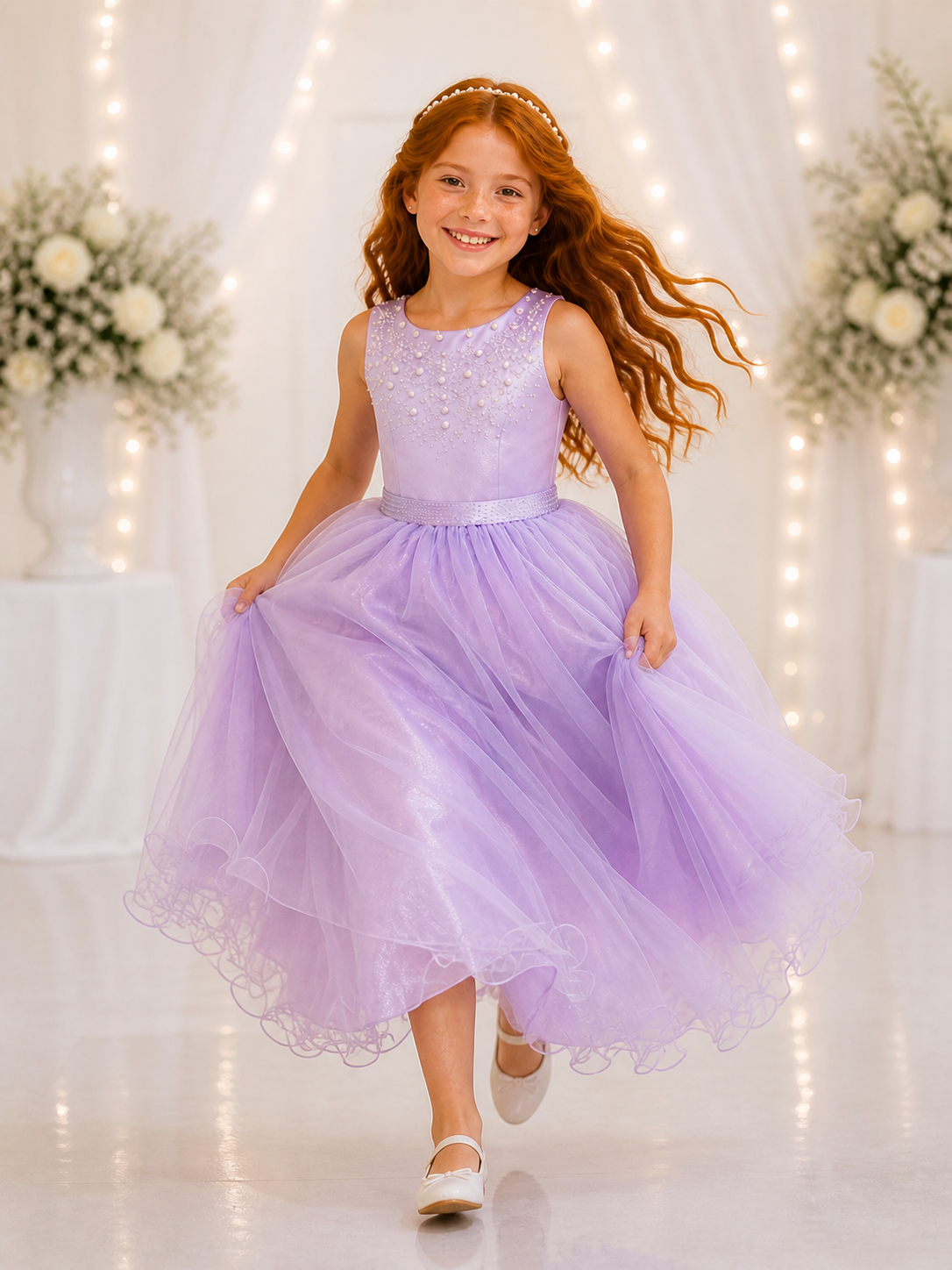 Vestido Infantil Longo Lilás Pérolas e Strass Damas Luxo