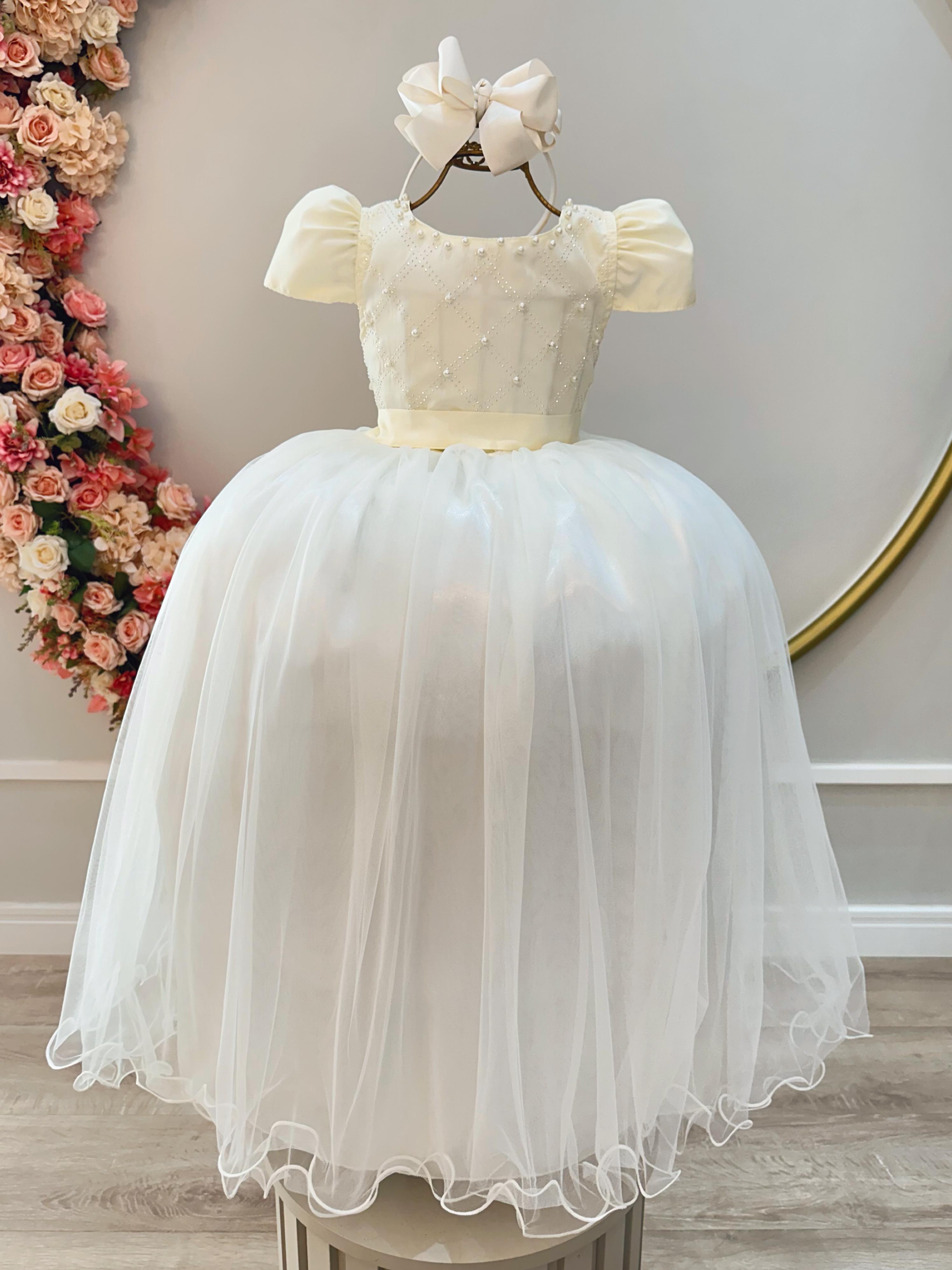 Vestido Infantil Longo Marfim Com Strass e Pérolas Damas