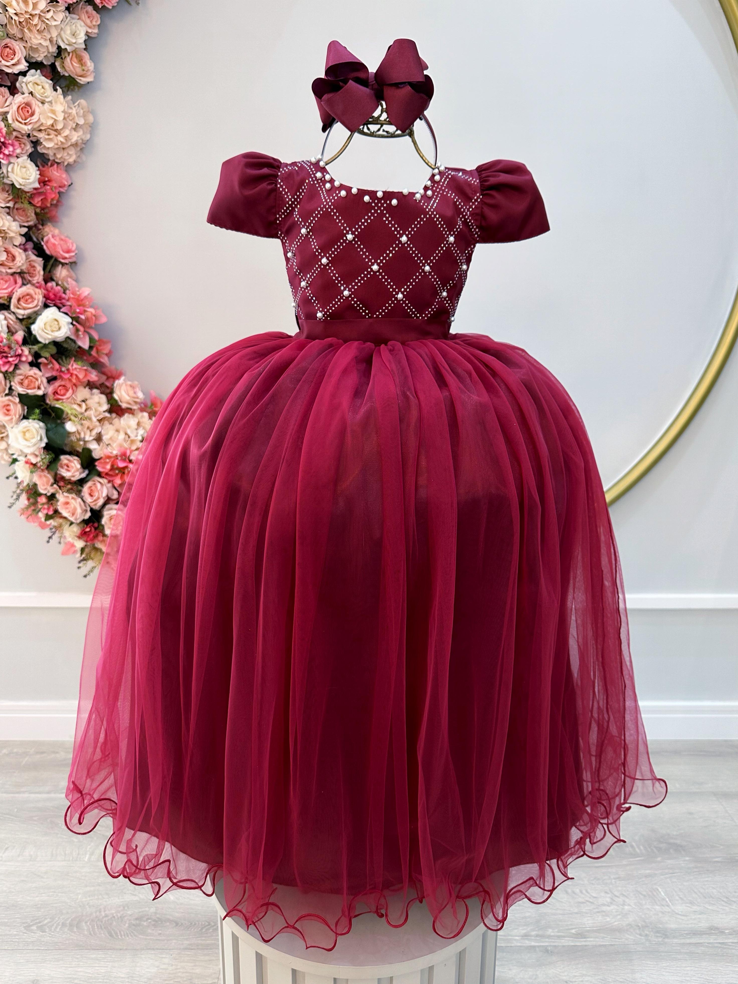 Vestido Infantil Longo Marsala Com Strass e Pérolas Daminhas