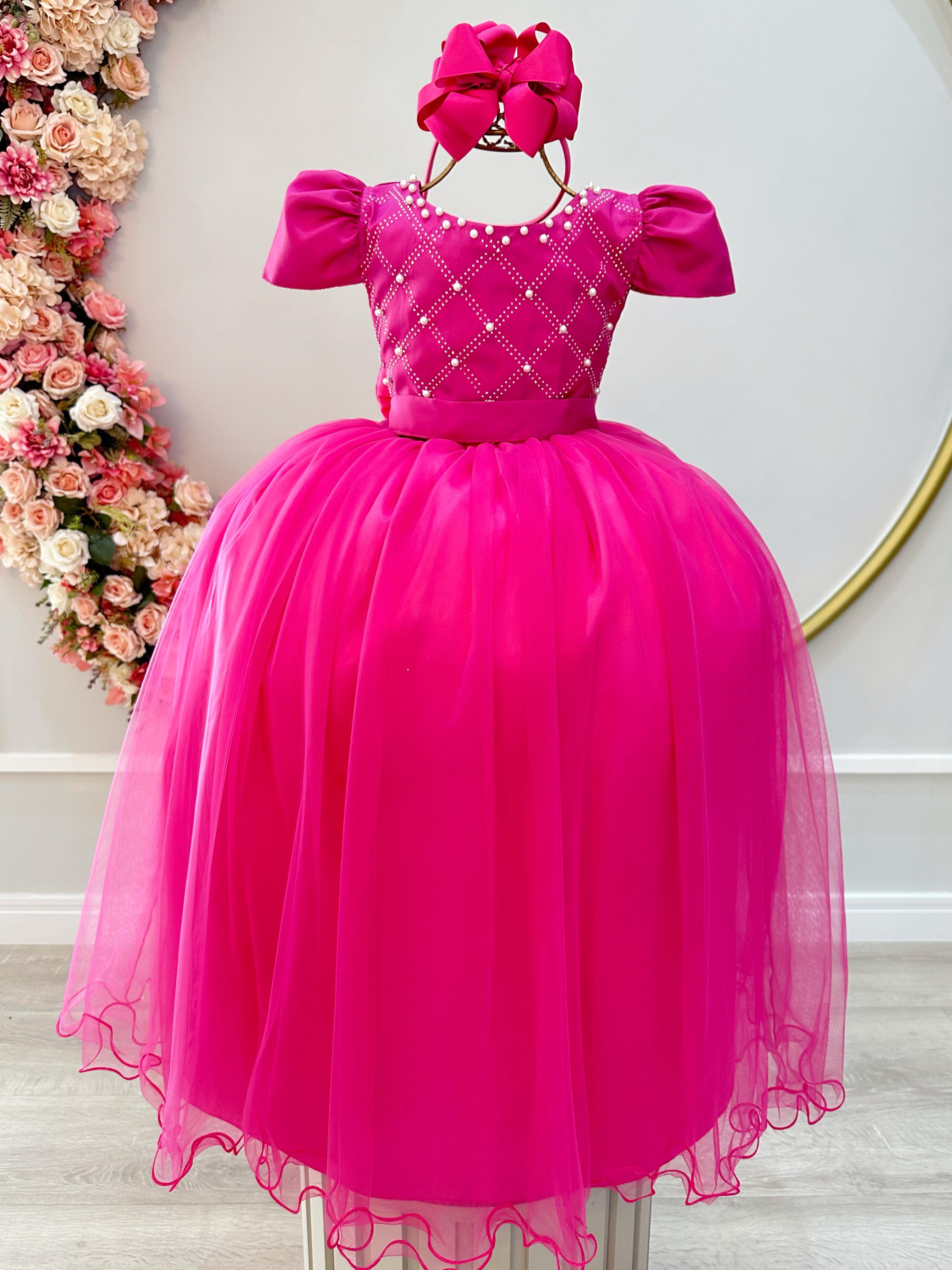 Vestido Infantil Longo Pink Com Strass e Pérolas Daminhas