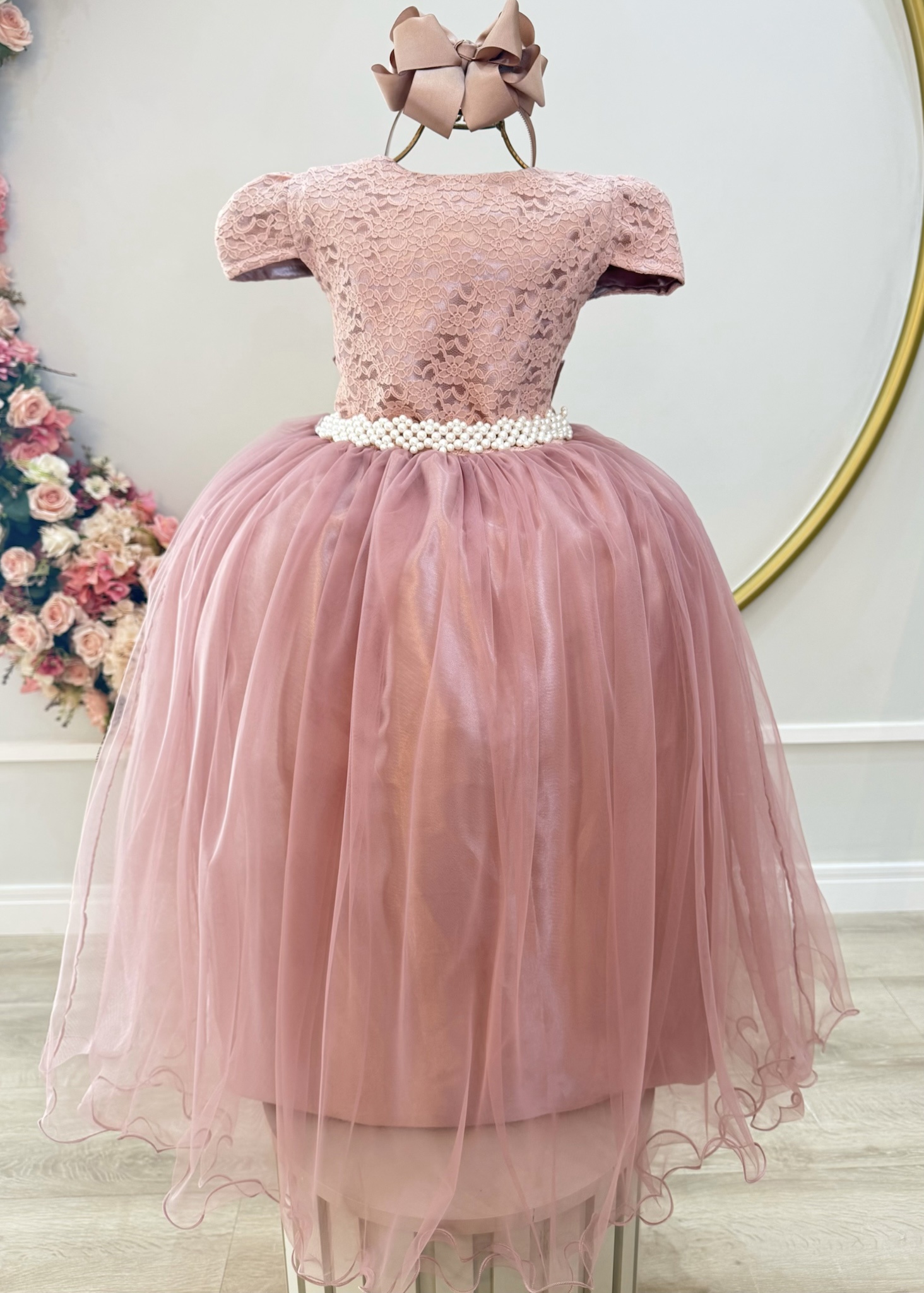 Vestido Infantil Longo Realeza Rose Renda Pérolas Festa Luxo