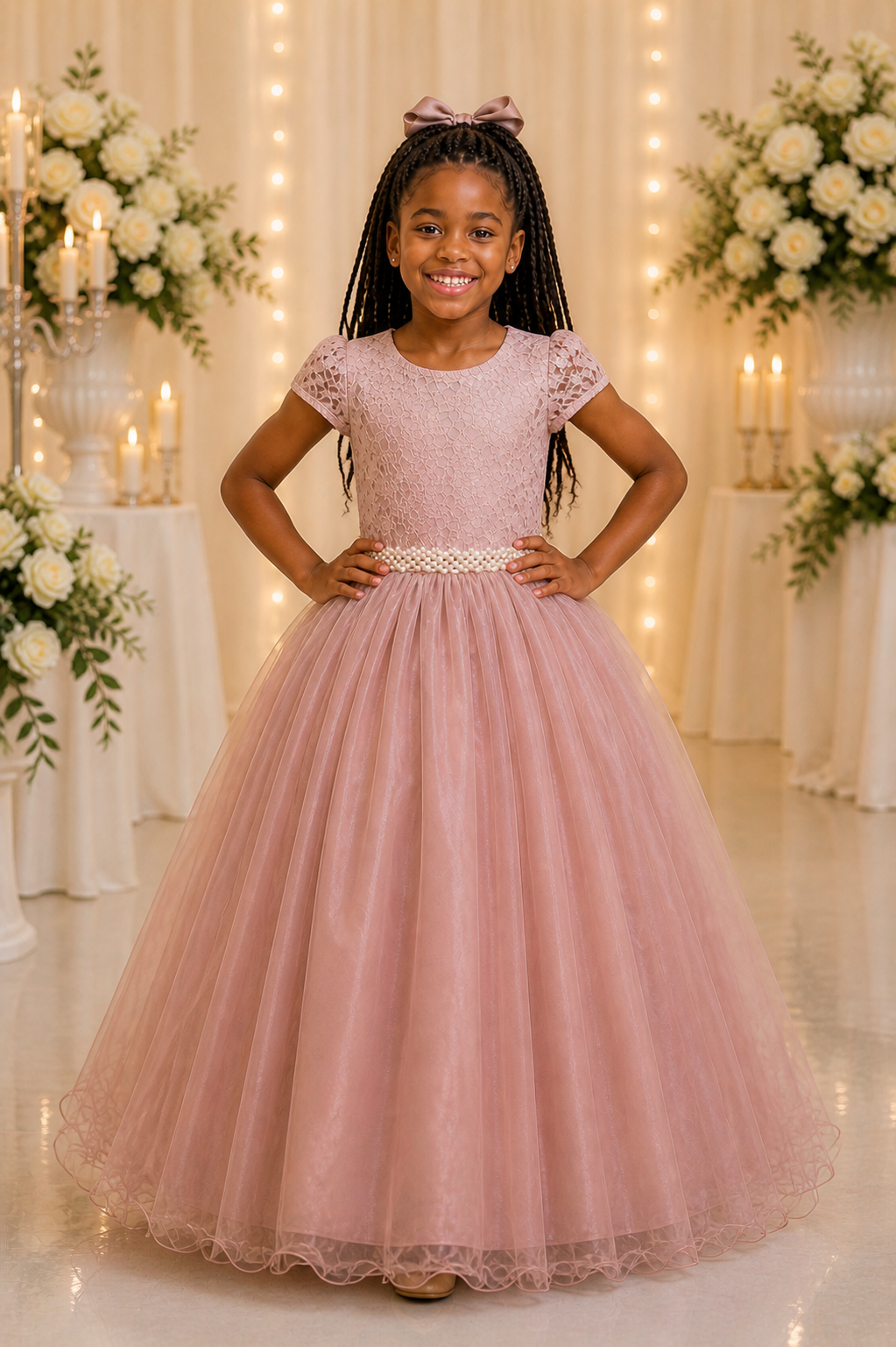 Vestido Infantil Longo Realeza Rose Renda Pérolas Festa Luxo