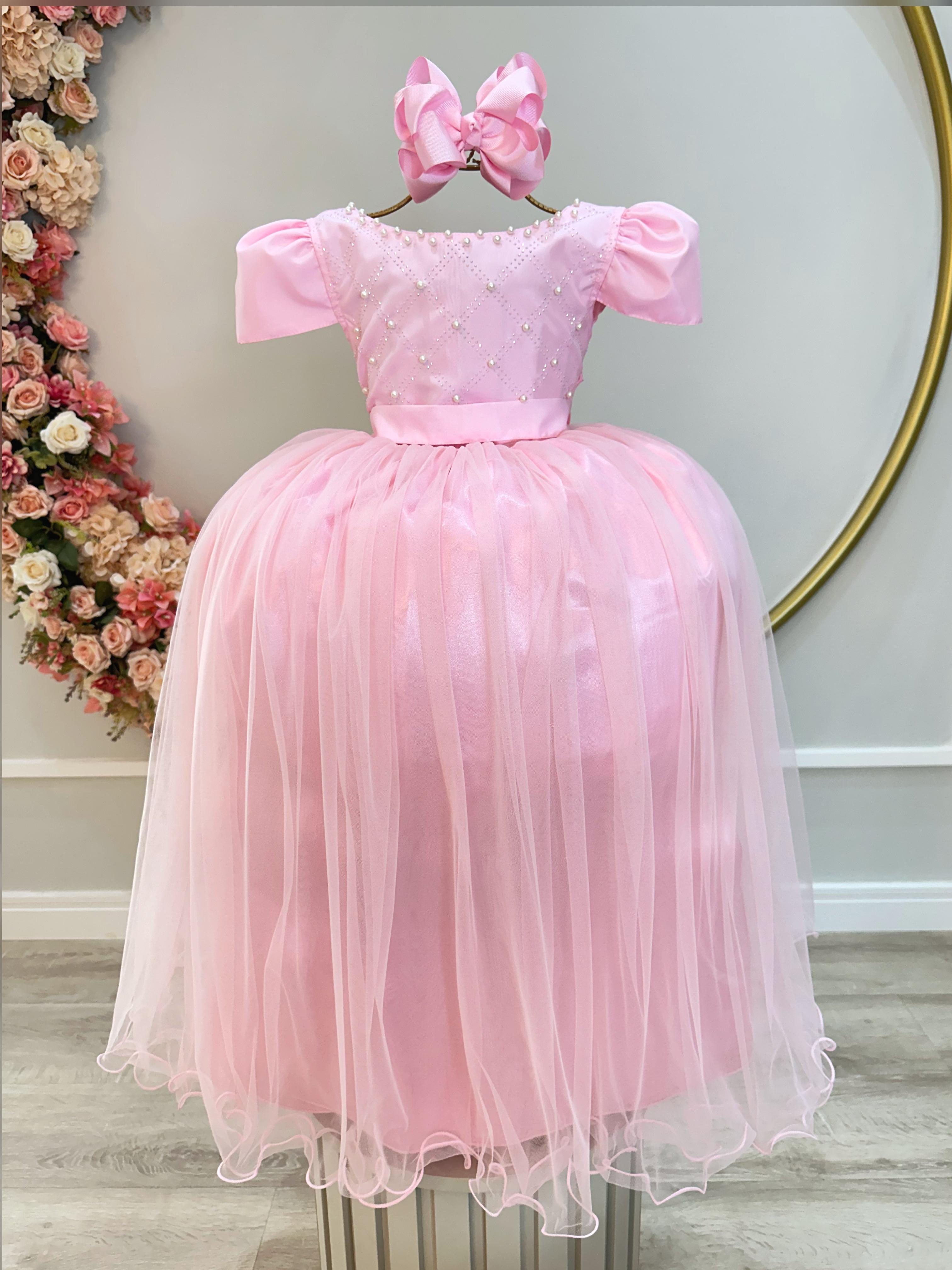 Vestido Infantil Longo Rosa Com Strass e Pérolas Daminhas