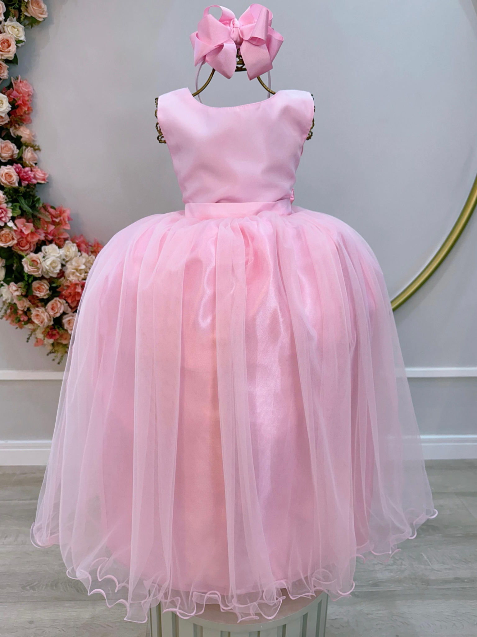 Vestido Infantil Longo Rosa Daminhas Festas Luxo