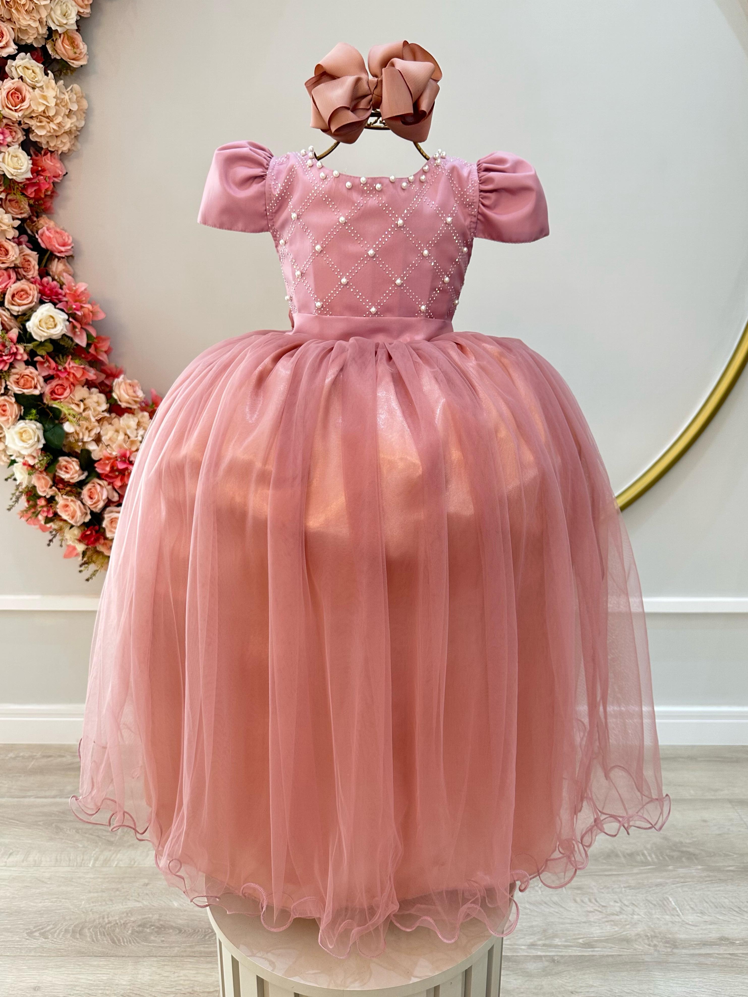 Vestido Infantil Longo Rose Com Strass e Pérolas Daminhas