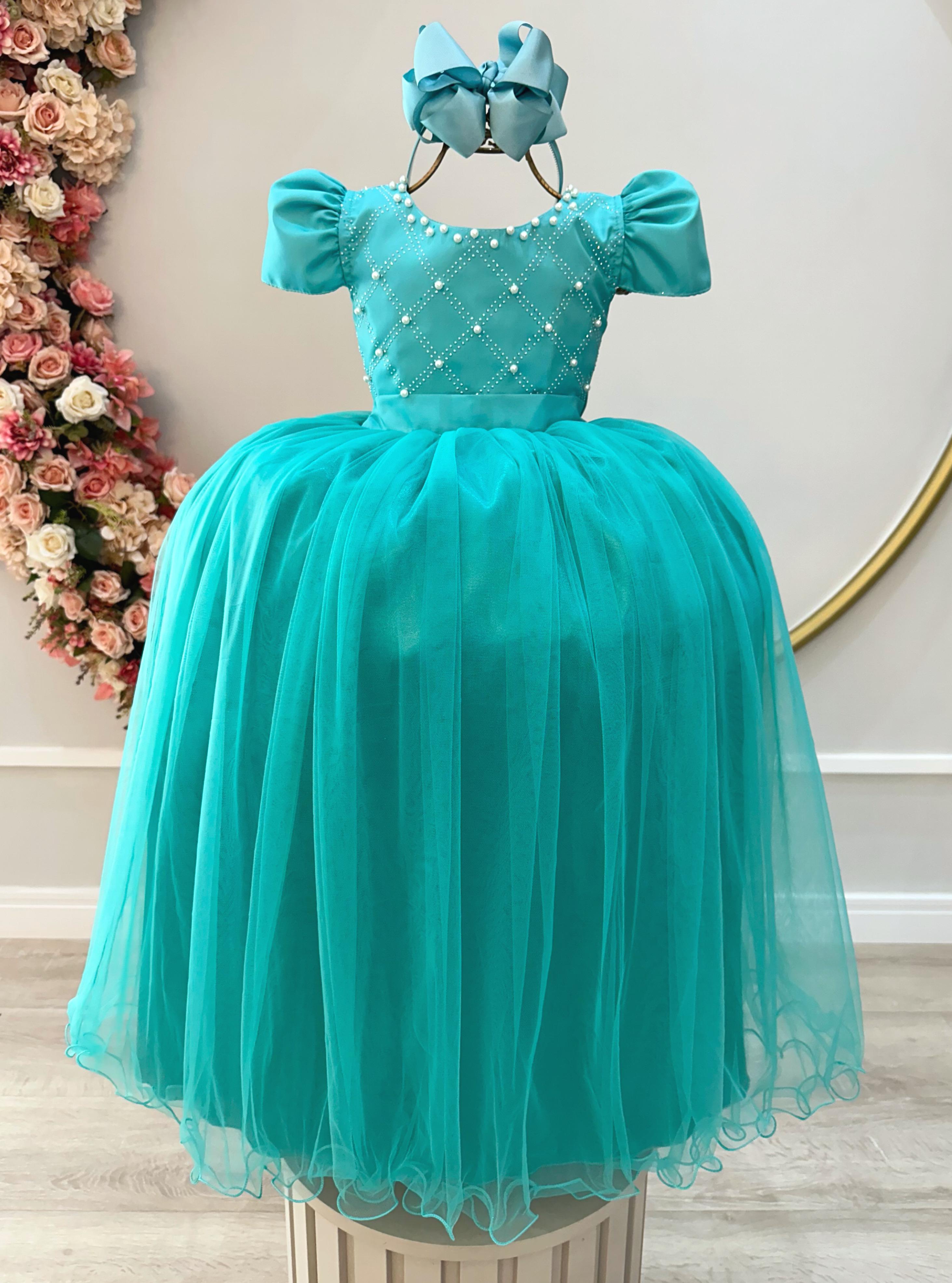 Vestido Infantil Longo Verde Com Strass e Pérolas Daminhas