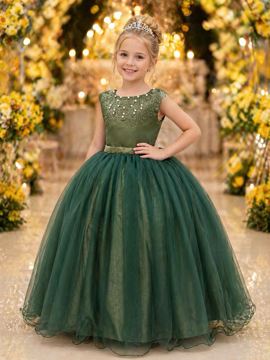 Vestido Infantil Longo Verde Oliva Damas de Honra Pérolas Luxo