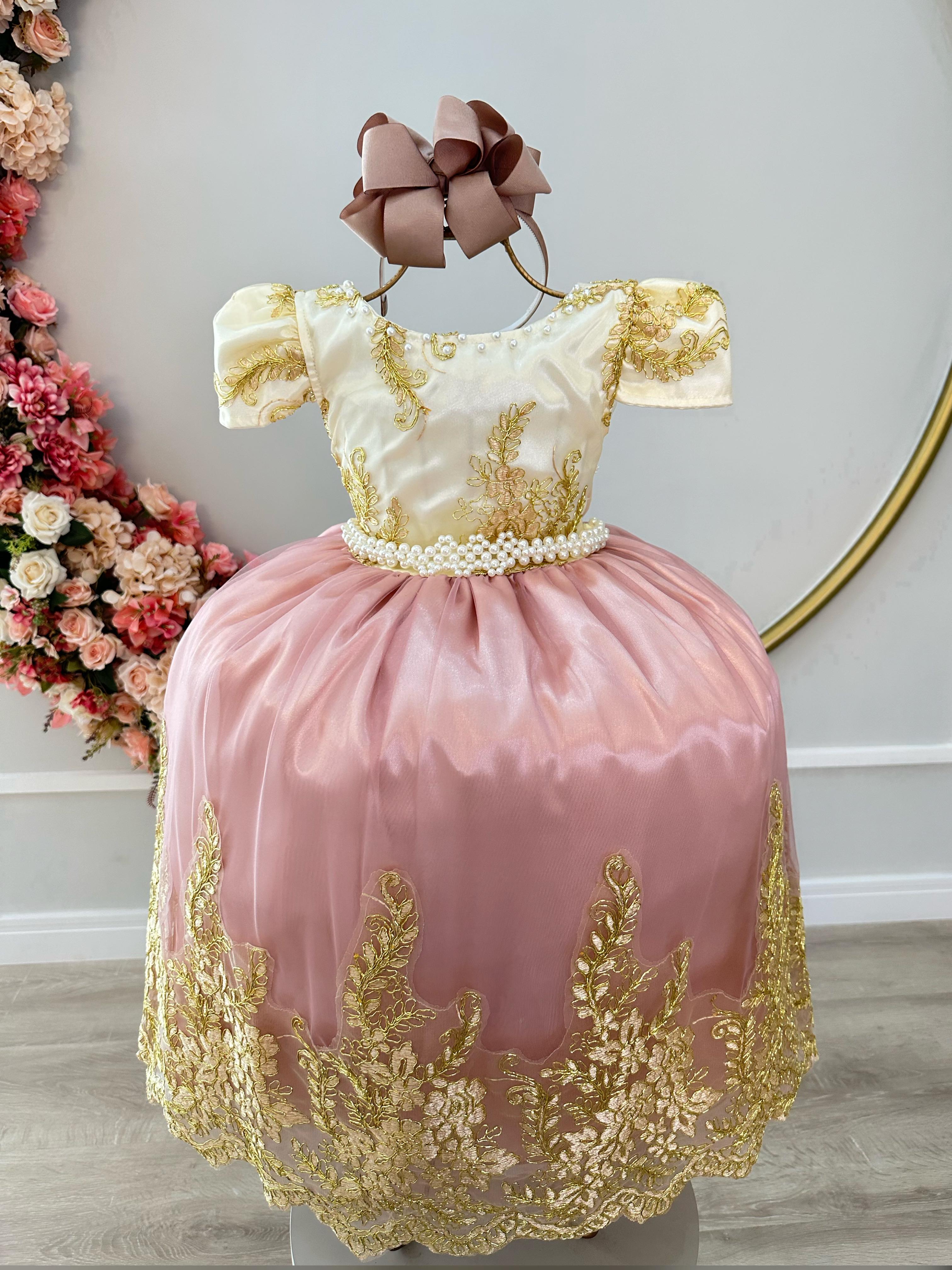 Vestido Infantil Marfim C/ Rose Pérolas Renda Realeza