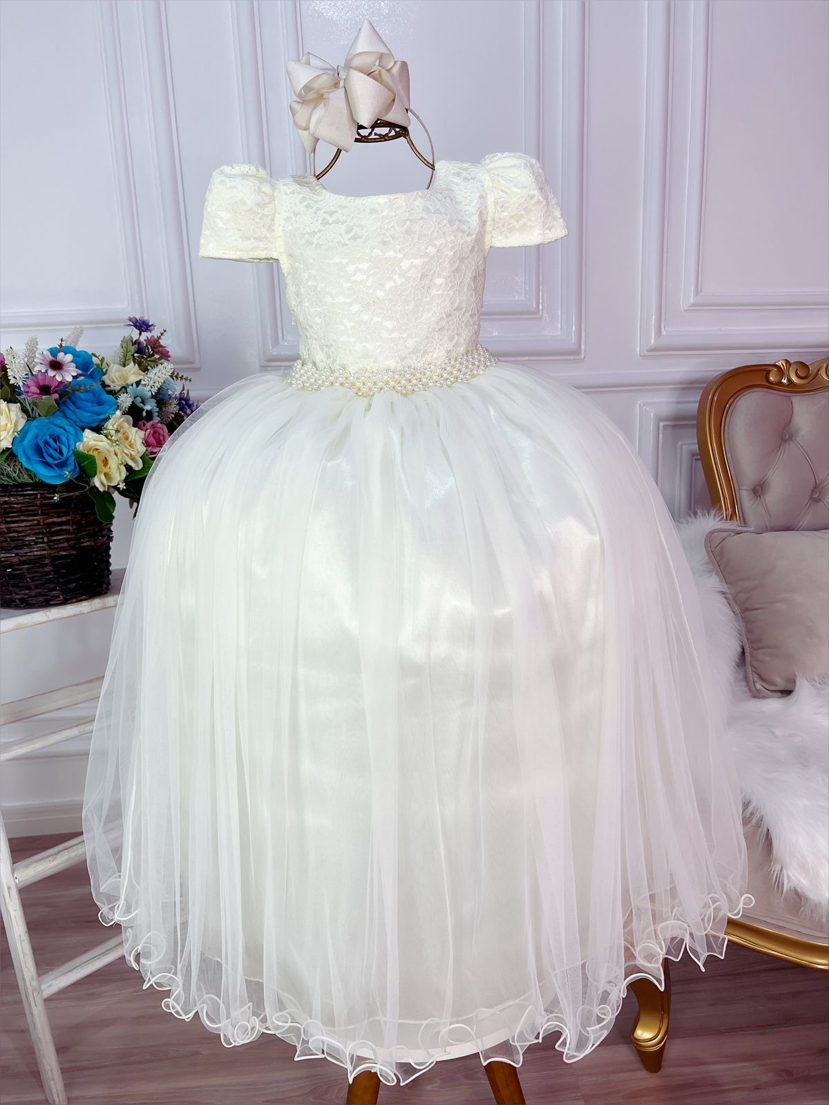 Vestido Infantil Marfim C/ Tule e Renda Longo Dama Luxo