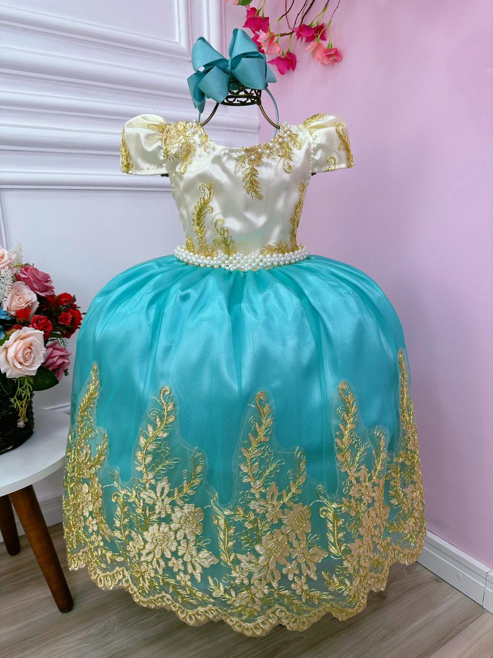 Vestido Infantil Marfim Com Verde e Renda Realeza