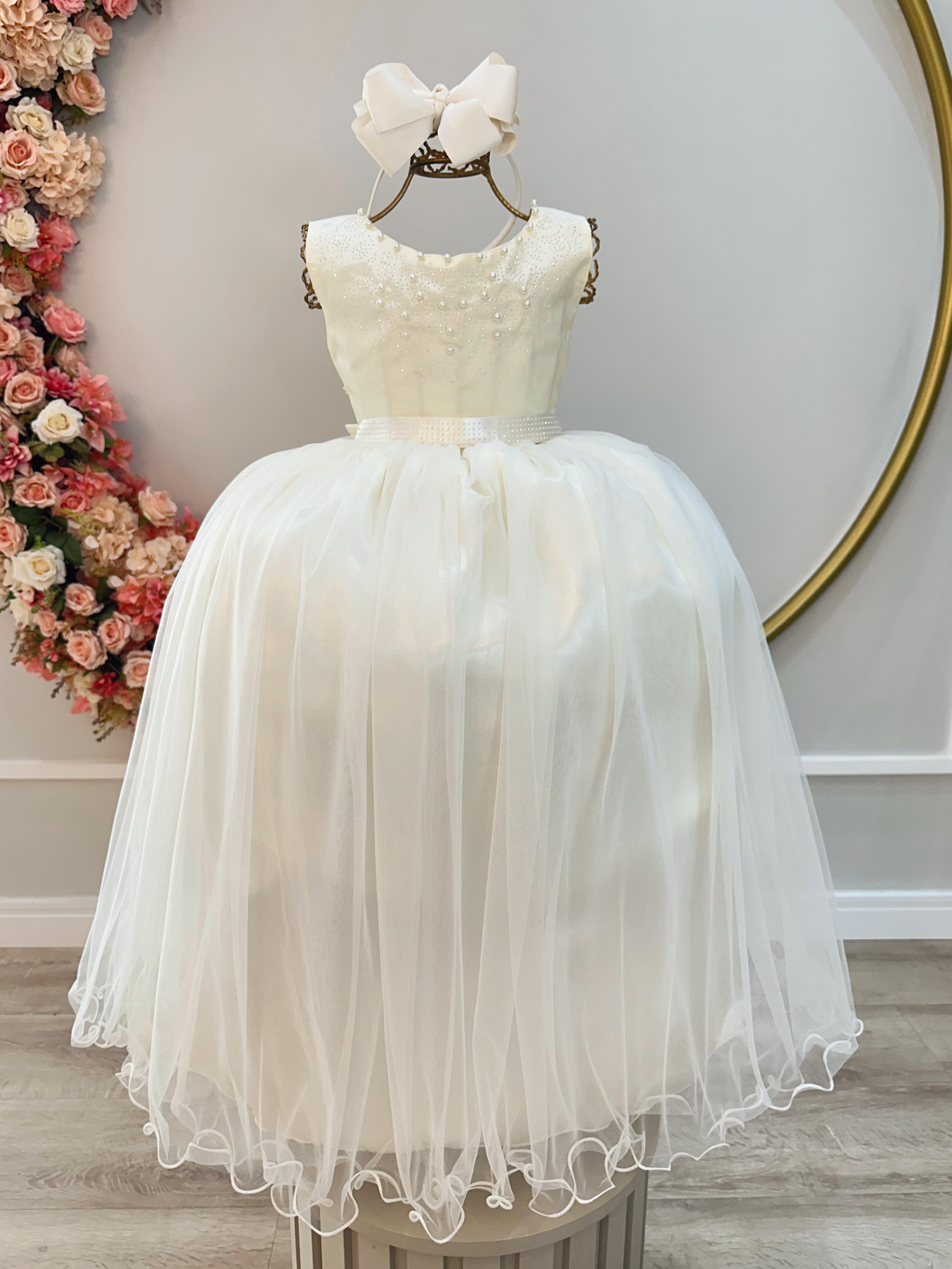 Vestido Infantil Marfim Damas de Honra Longo Com Pérolas