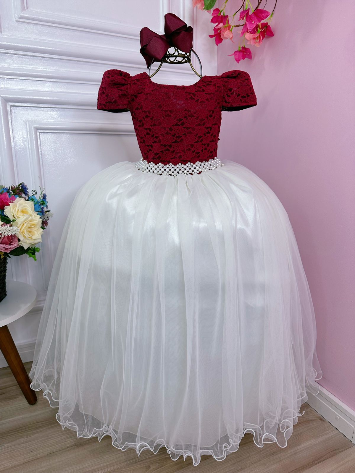 Vestido Infantil Marsala C/ Renda Saia Off White Damas Longo