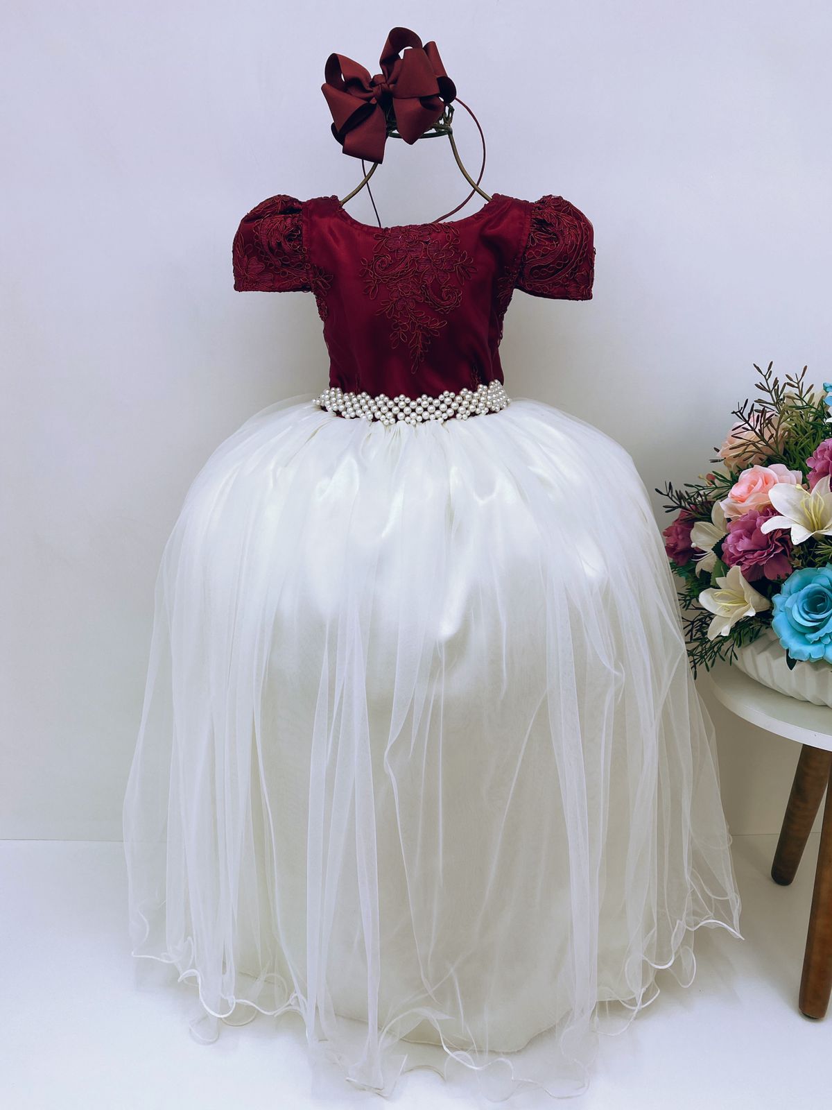 Vestido Infantil Marsala e Saia OFF Damas de Honra Casamento