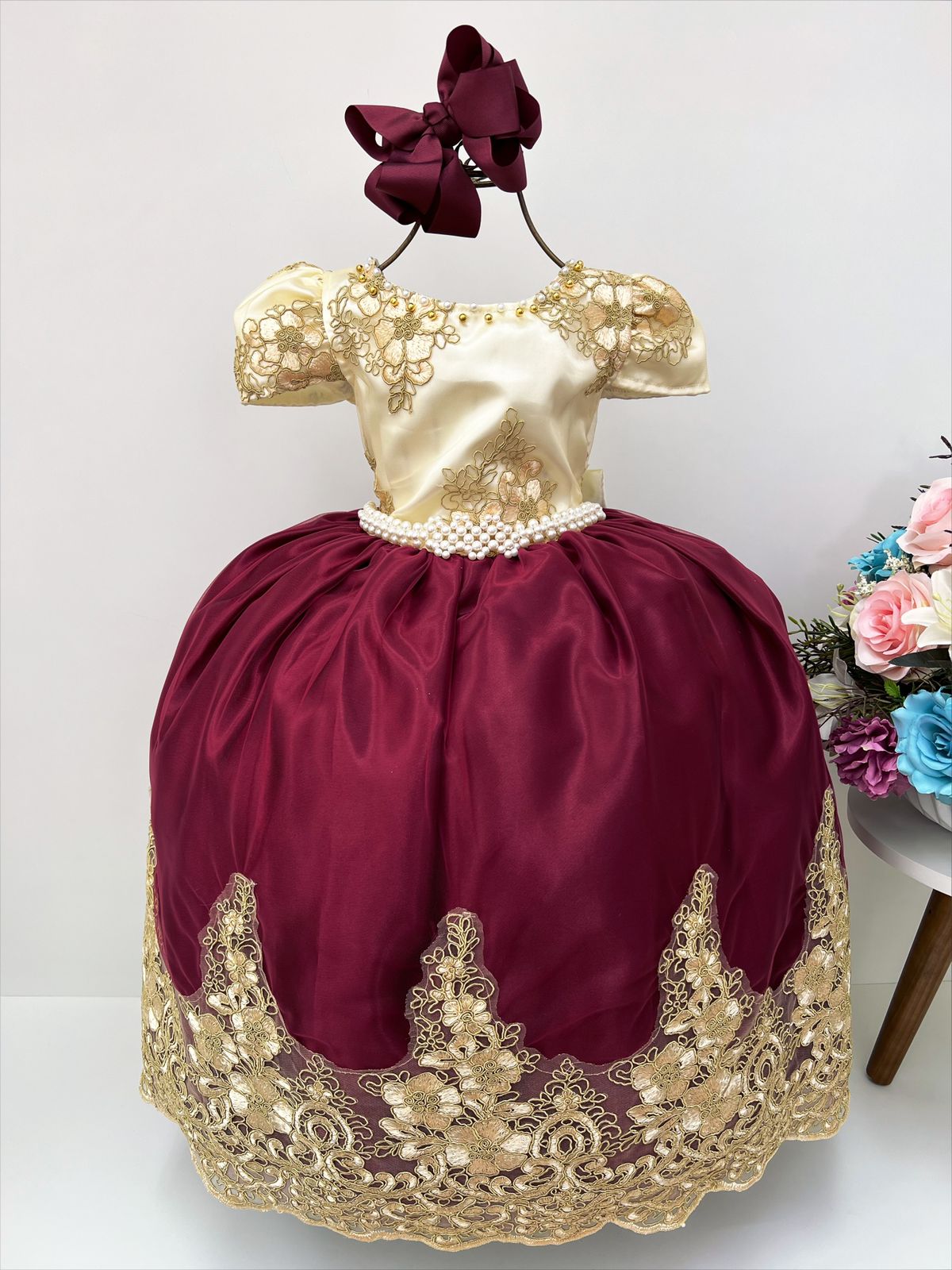 Vestido Infantil Marsala Marfim Luxo com Pérolas Rendado