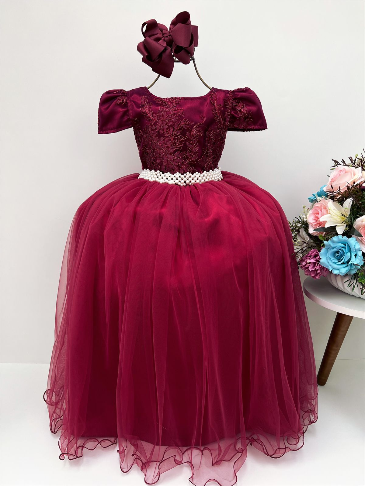 Vestido Infantil Marsala Renda Tule com Brilho Damas Honra