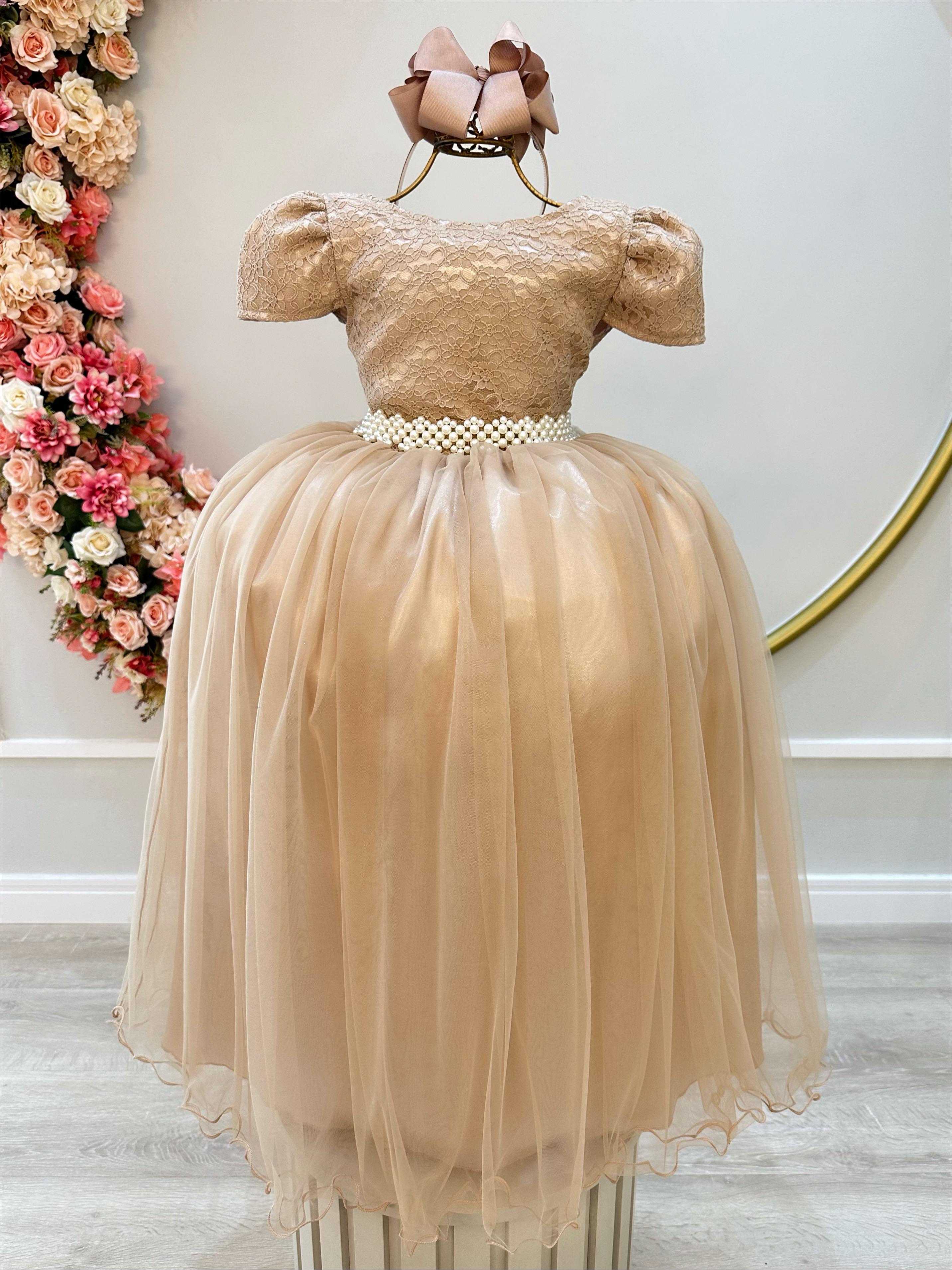 Vestido Infantil Nude C/ Tule e Renda Longo Dama Luxo