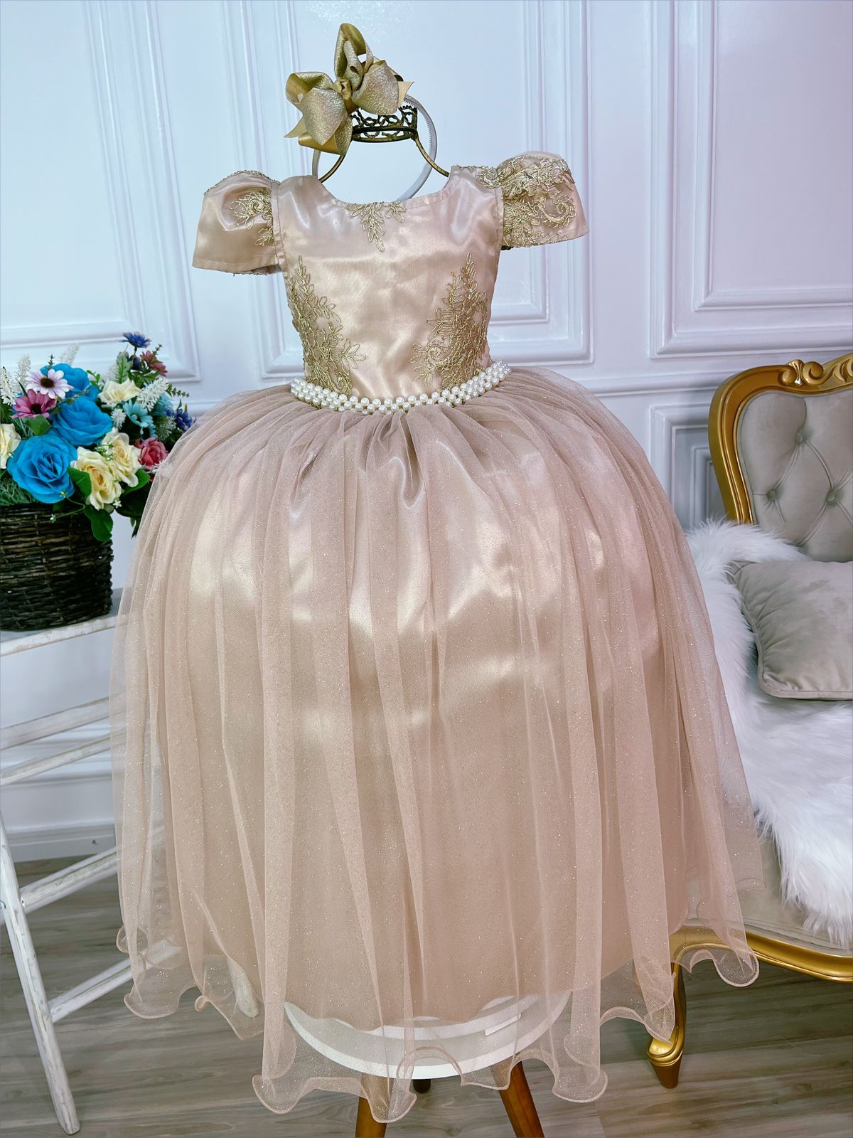 Vestido Infantil Nude Longo Damas C/ Renda Realeza Luxo