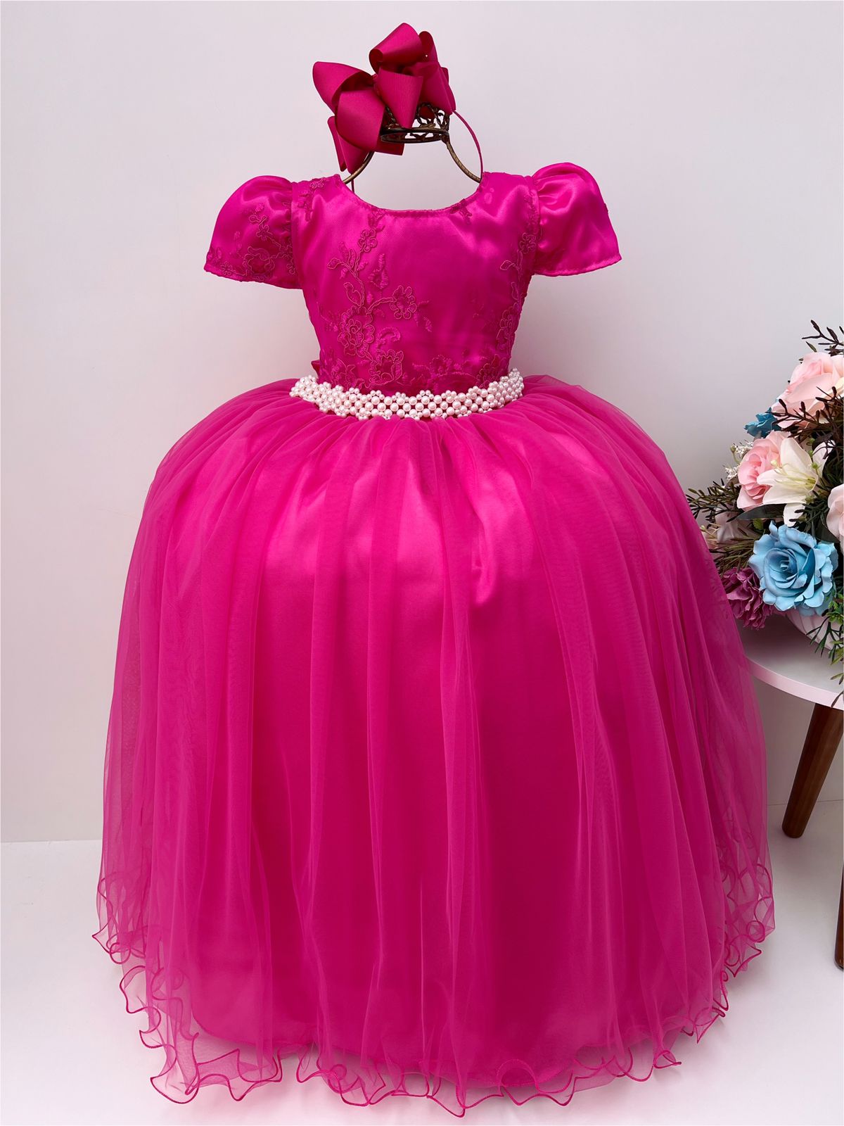 Vestido Infantil Pink Renda Pérolas Damas de Honra Casamento