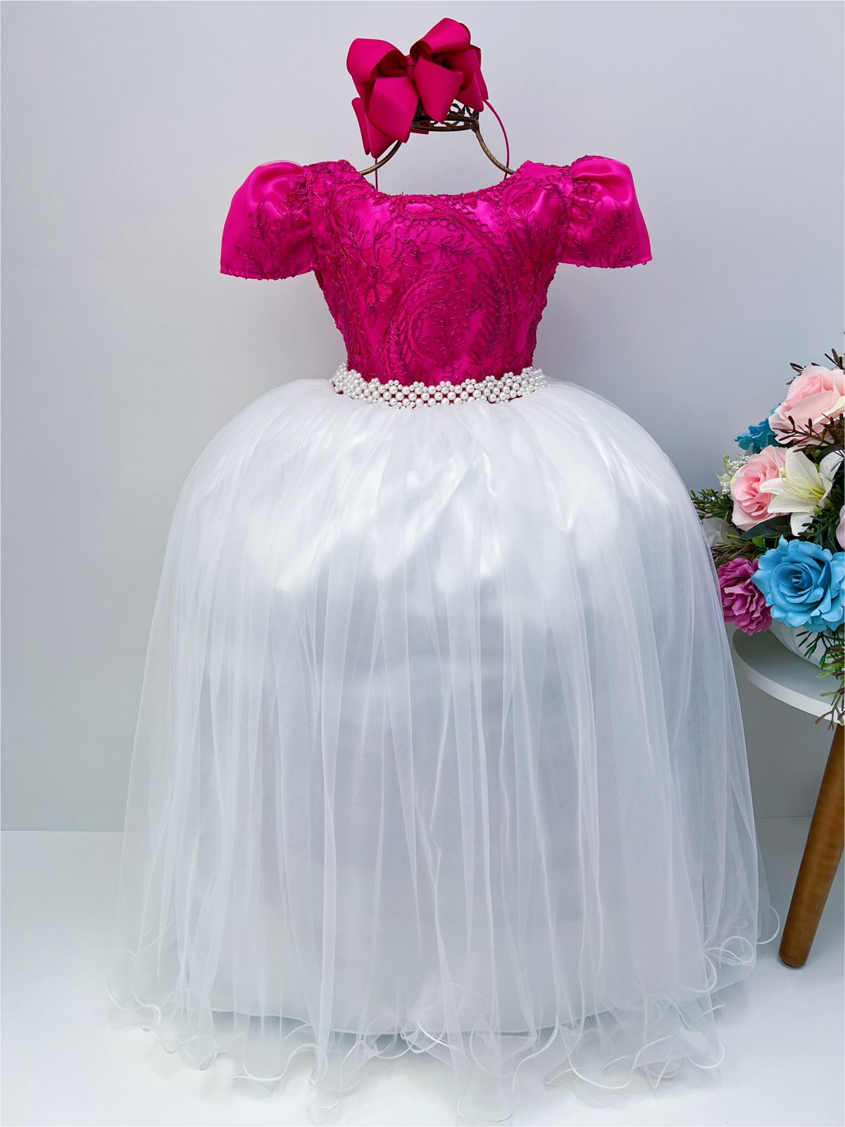 Vestido Infantil Pink Saia Off Damas de Honra Casamento
