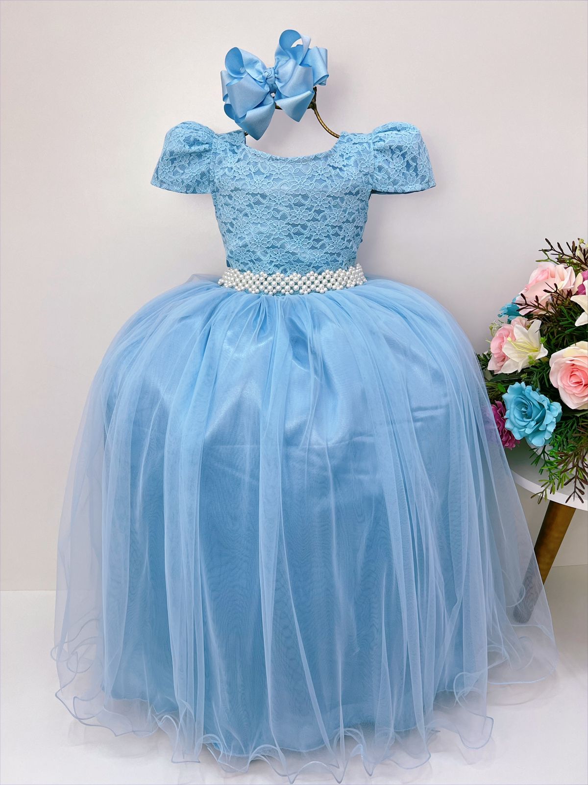 Vestido Infantil Realeza Azul C/ Renda e Pérolas Festa Luxo