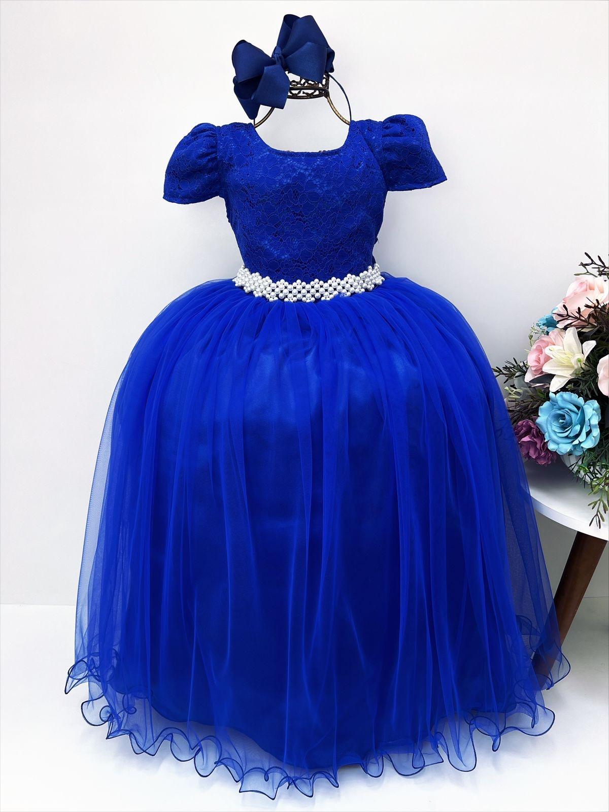 Vestido Infantil Realeza Azul Royal Renda Pérolas Festa Luxo