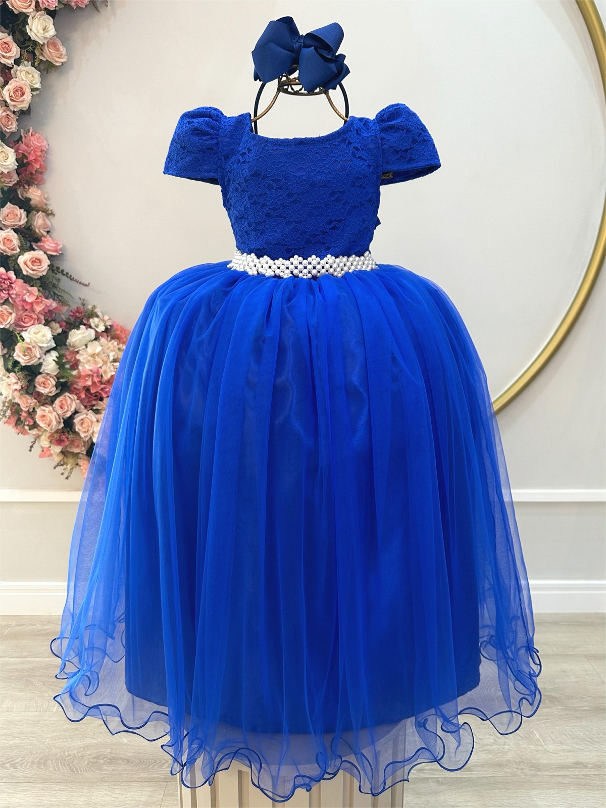 Vestido Infantil Realeza Azul Royal Renda Pérolas Festa Luxo