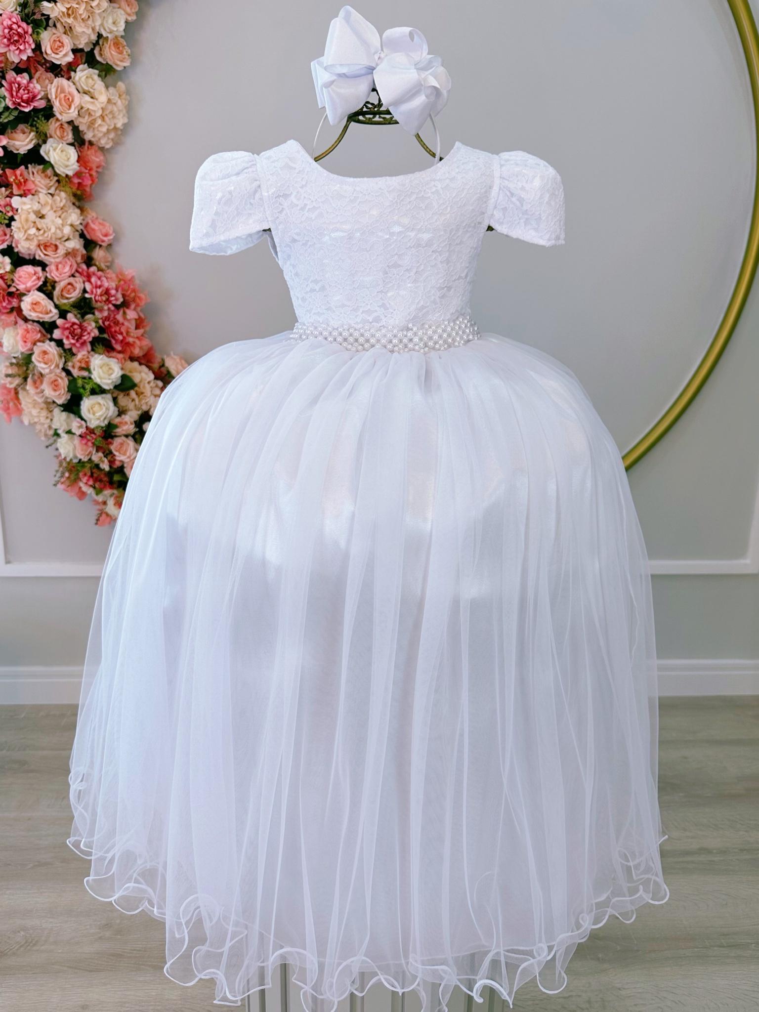 Vestido Infantil Realeza Branco C/ Renda Pérolas Festa Luxo