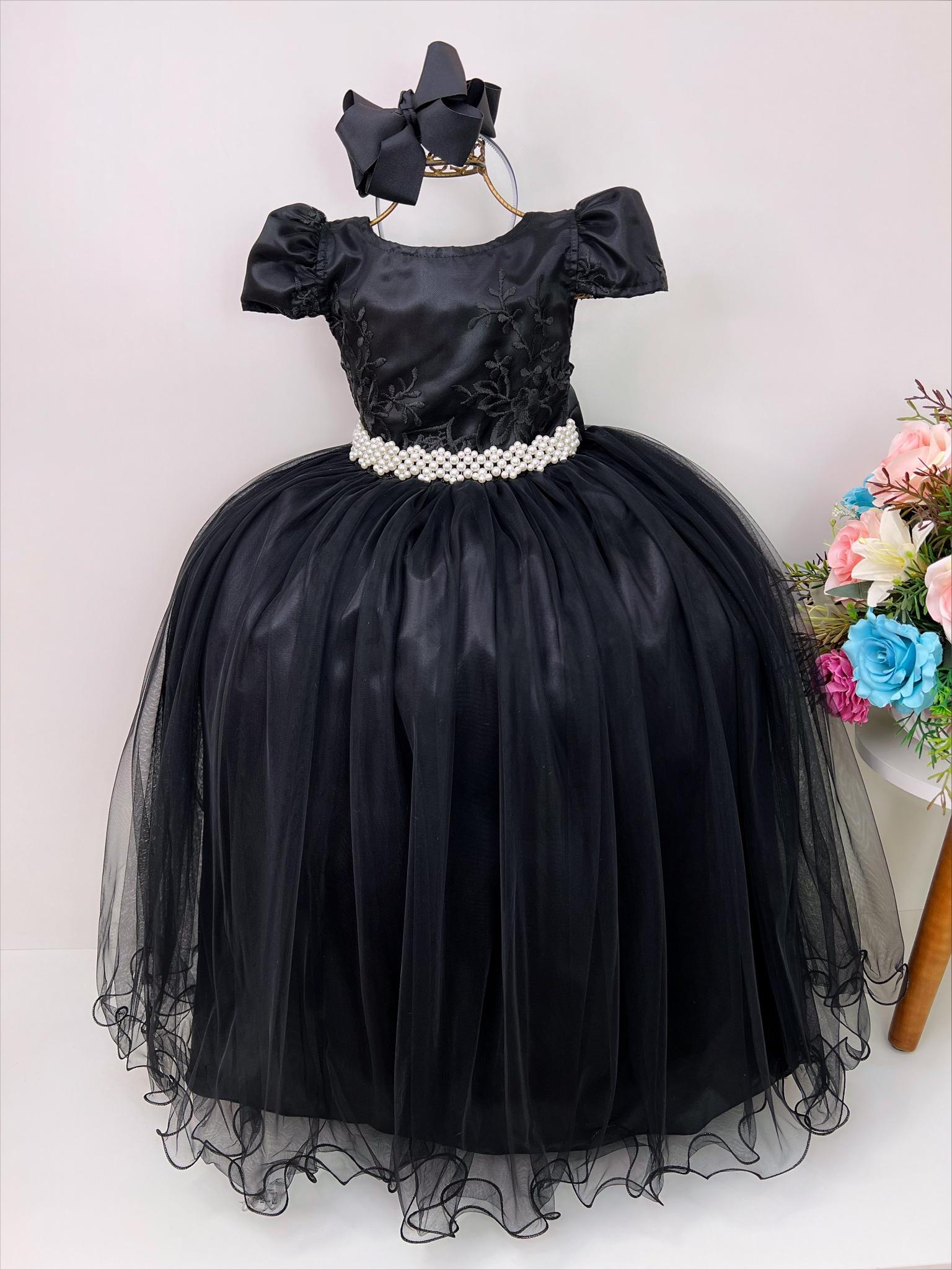 Vestido Infantil Realeza Preto C/ Renda e Pérolas Festa Luxo