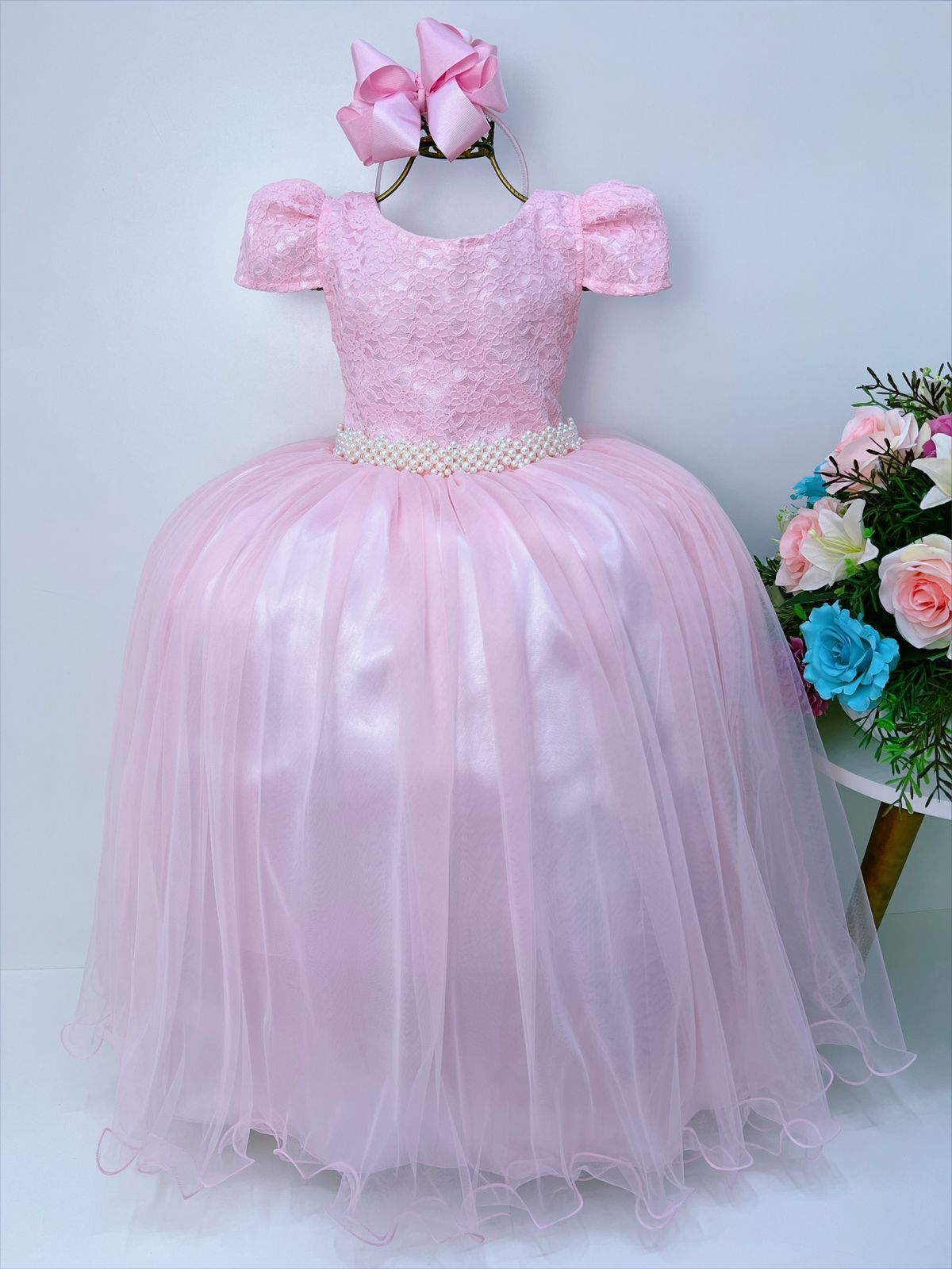 Vestido Infantil Realeza Rosa C/ Renda e Pérolas Festa Luxo