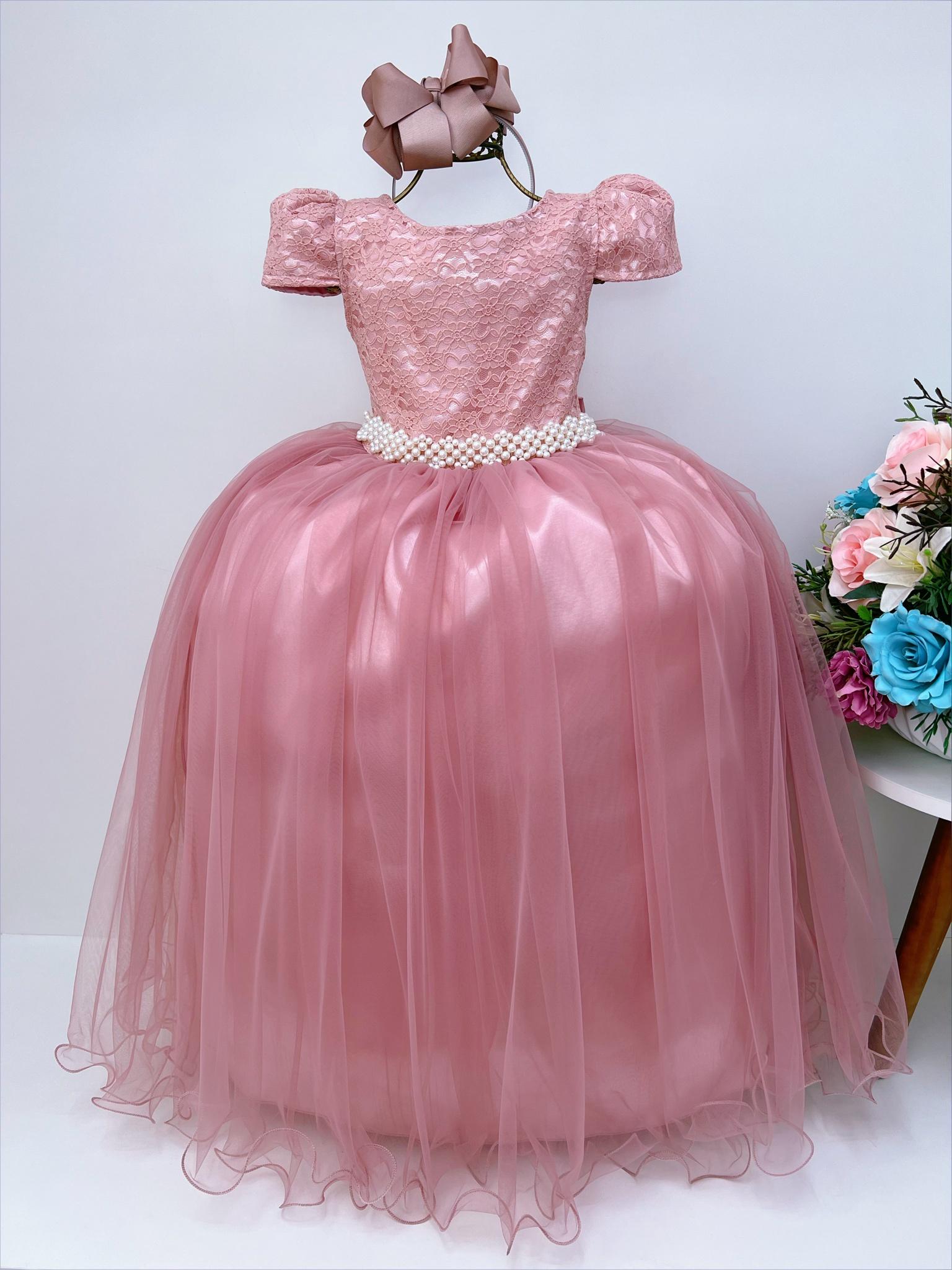 Vestido Infantil Realeza Rose C/ Renda e Pérolas Festa Luxo