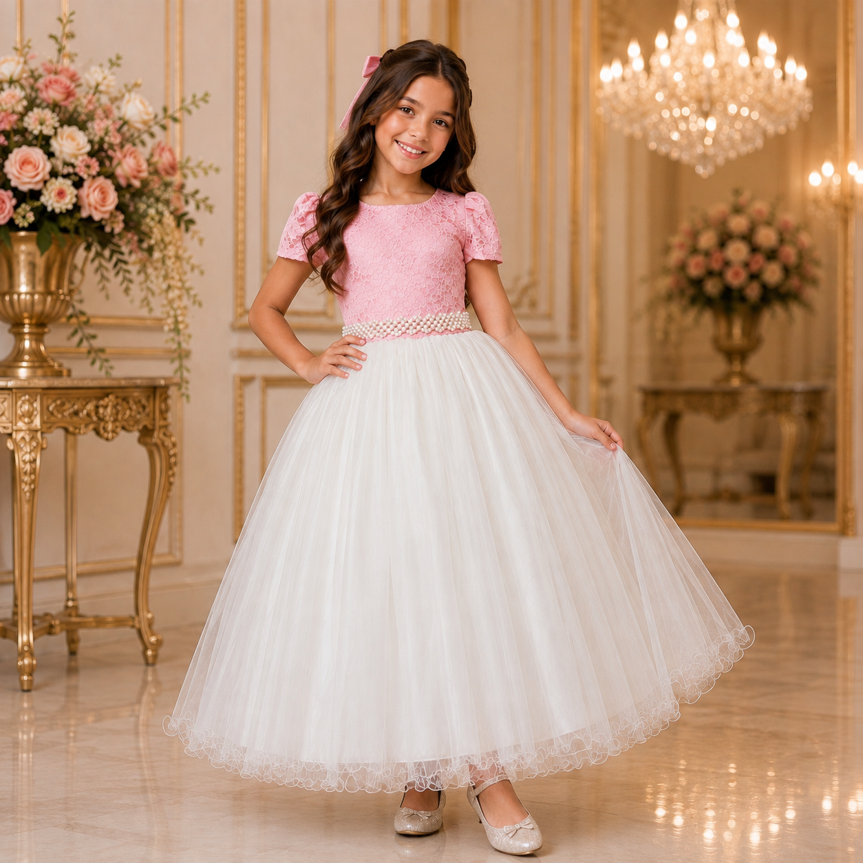 Vestido Infantil Damas Longo, Rosa/Off White, em Cetim, Renda e Tule