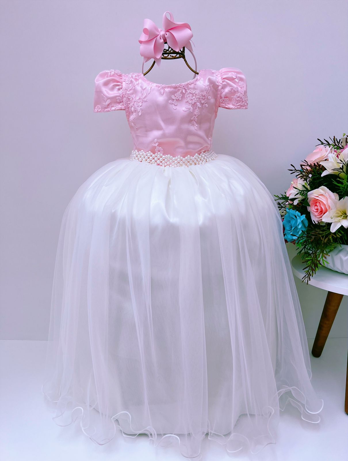 Vestido Infantil Rosa com Renda Brilho Saia Off Damas Longo